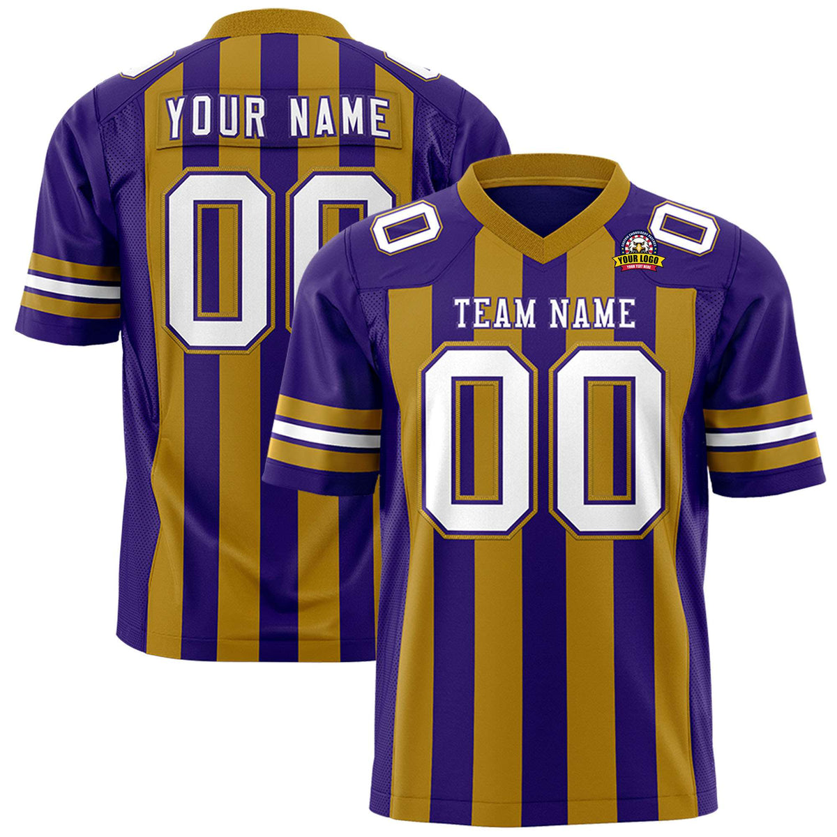 Custom Purple Gold-White Mesh Stripe Football Jersey