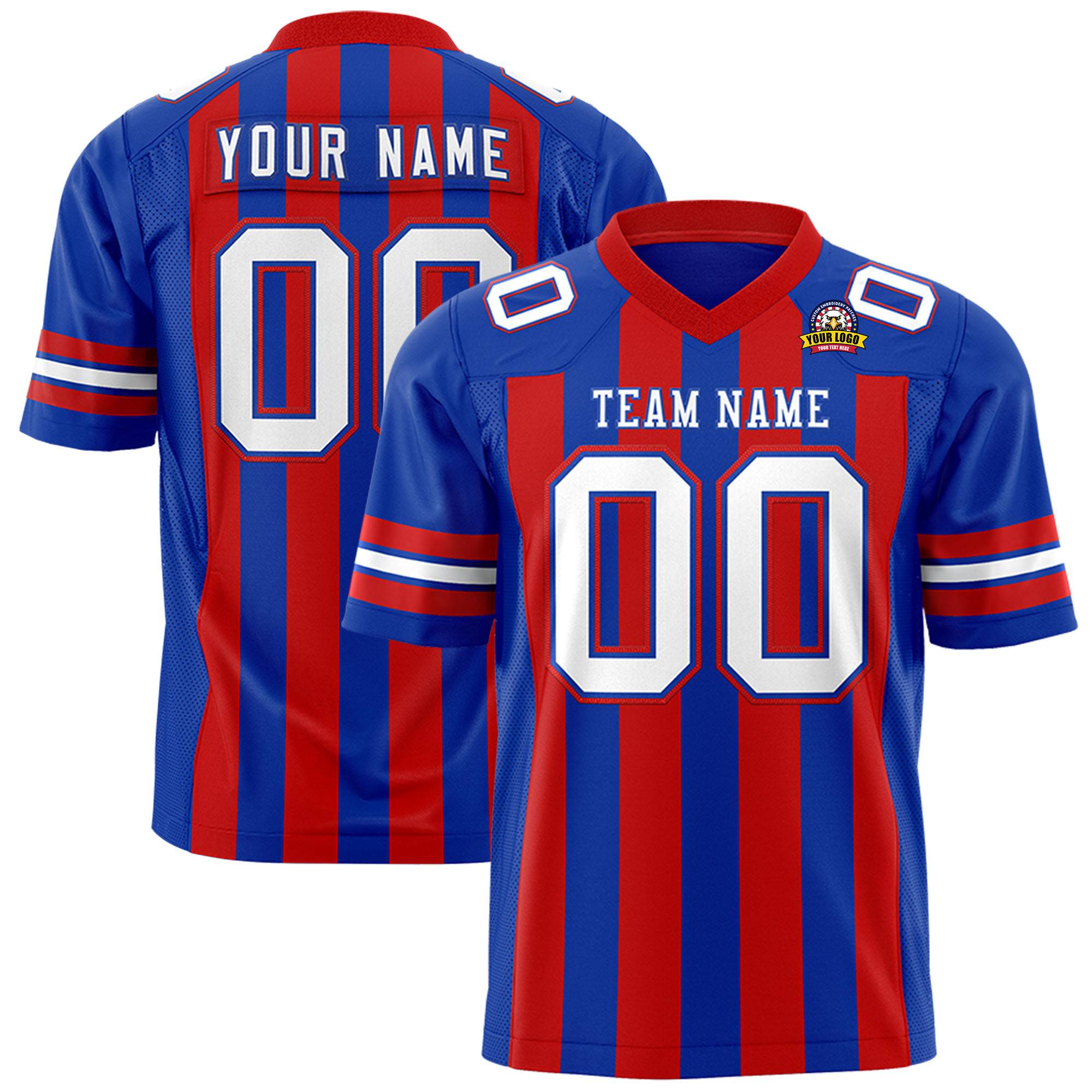 Custom Royal Blue Red-White Mesh Stripe Football Jersey