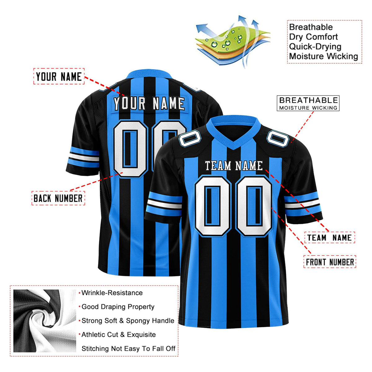 Custom Black Powder Blue-White Mesh Stripe Football Jersey