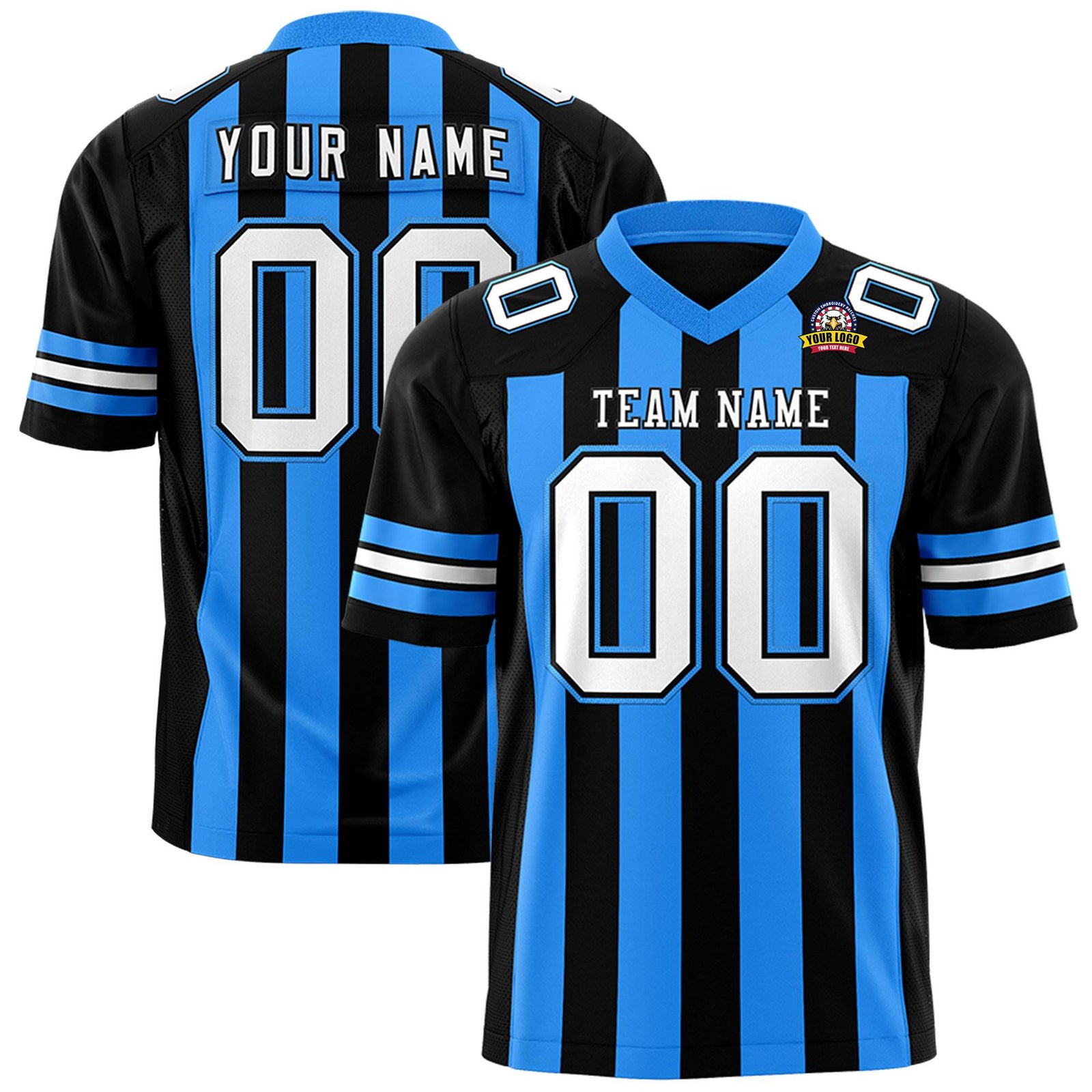 Custom Black Powder Blue-White Mesh Stripe Football Jersey