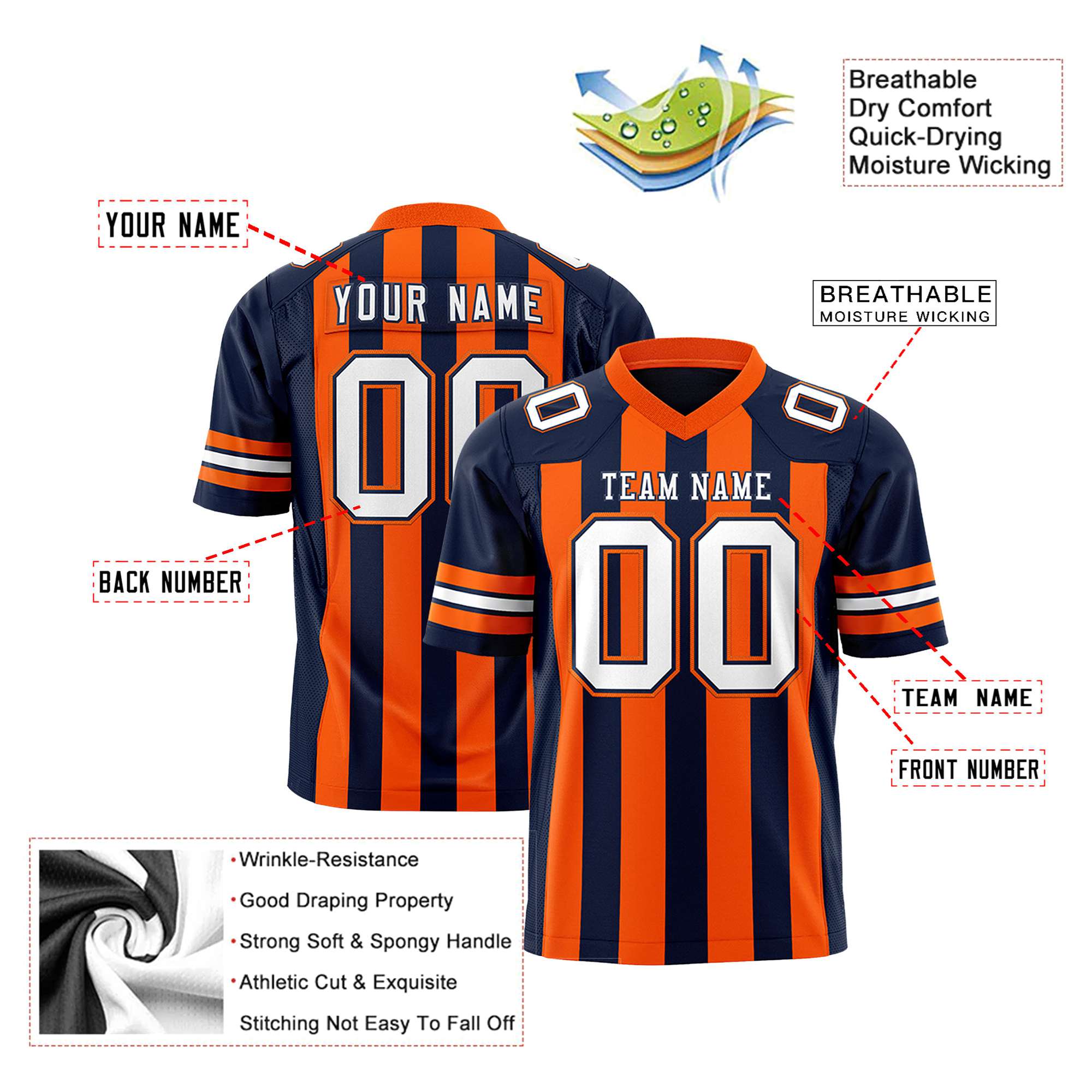 Custom Navy Orange-White Mesh Stripe Football Jersey