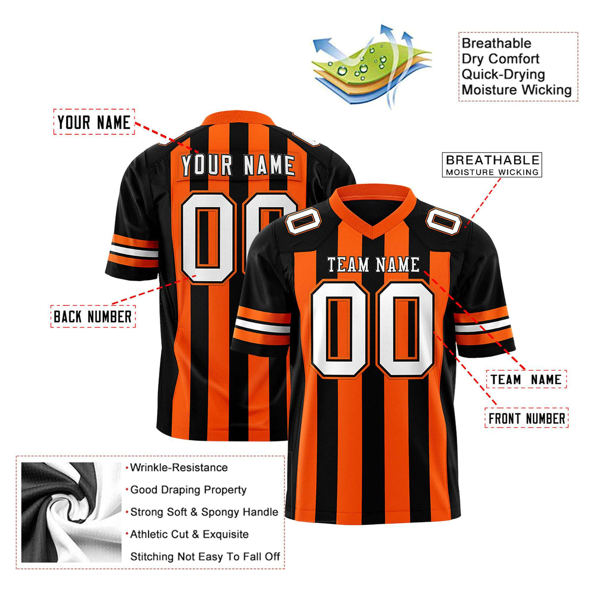 Custom Black Orange-White Mesh Stripe Football Jersey