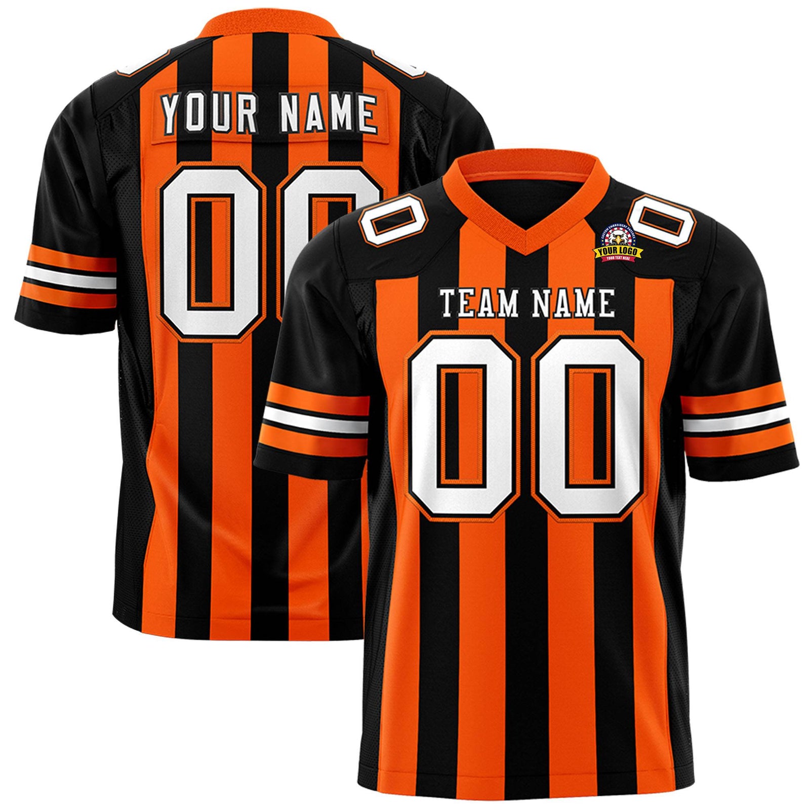 Custom Black Orange-White Mesh Stripe Football Jersey
