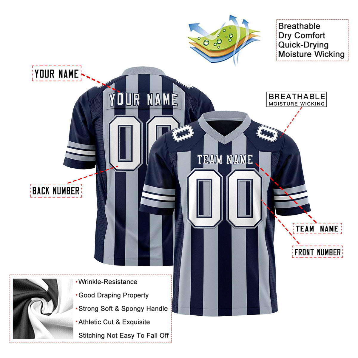 Custom Navy Gray-White Mesh Stripe Football Jersey