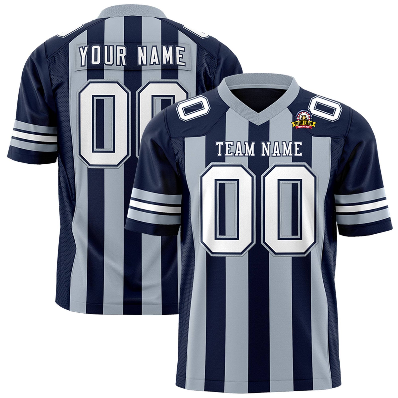 Custom Navy Gray-White Mesh Stripe Football Jersey