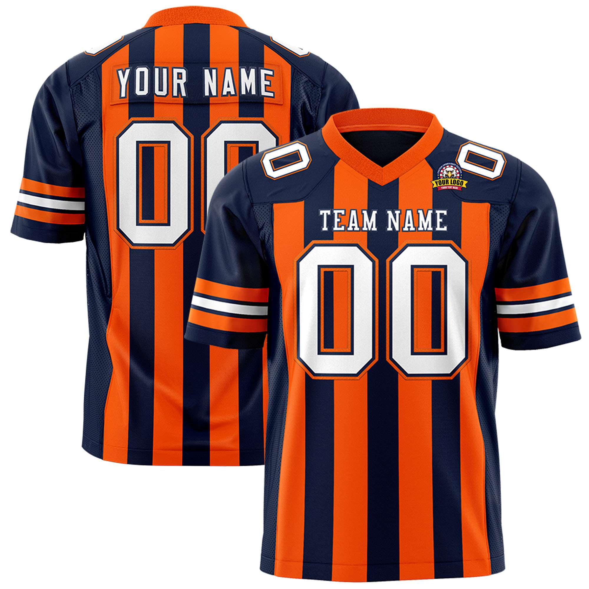 Custom Navy Orange-White Mesh Stripe Football Jersey