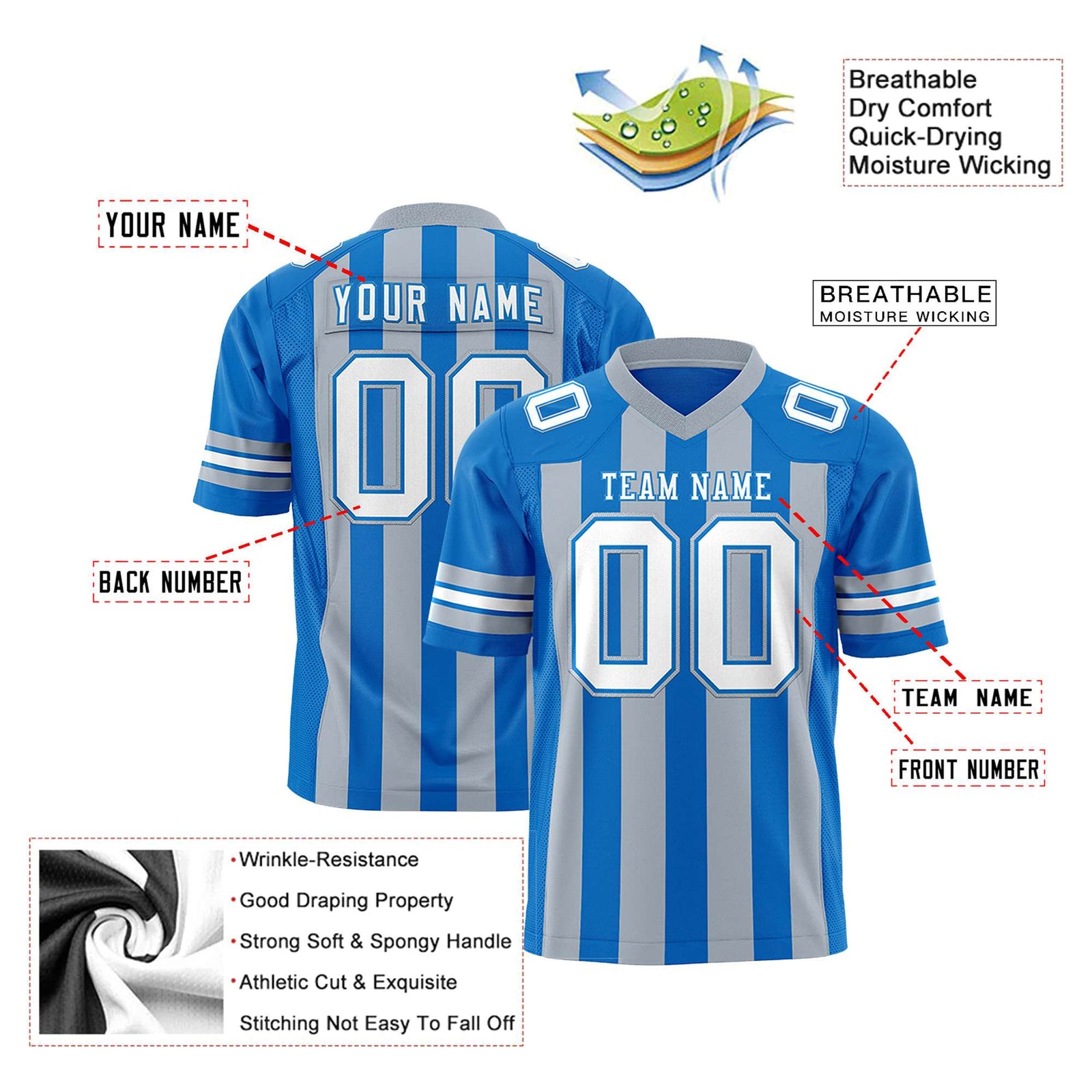 Custom Panther-Blue Gray-White Mesh Stripe Football Jersey