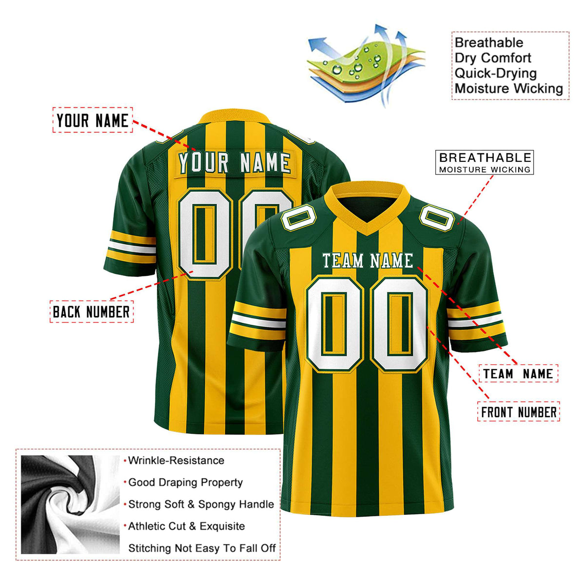 Custom Green Gold-White Mesh Stripe Football Jersey