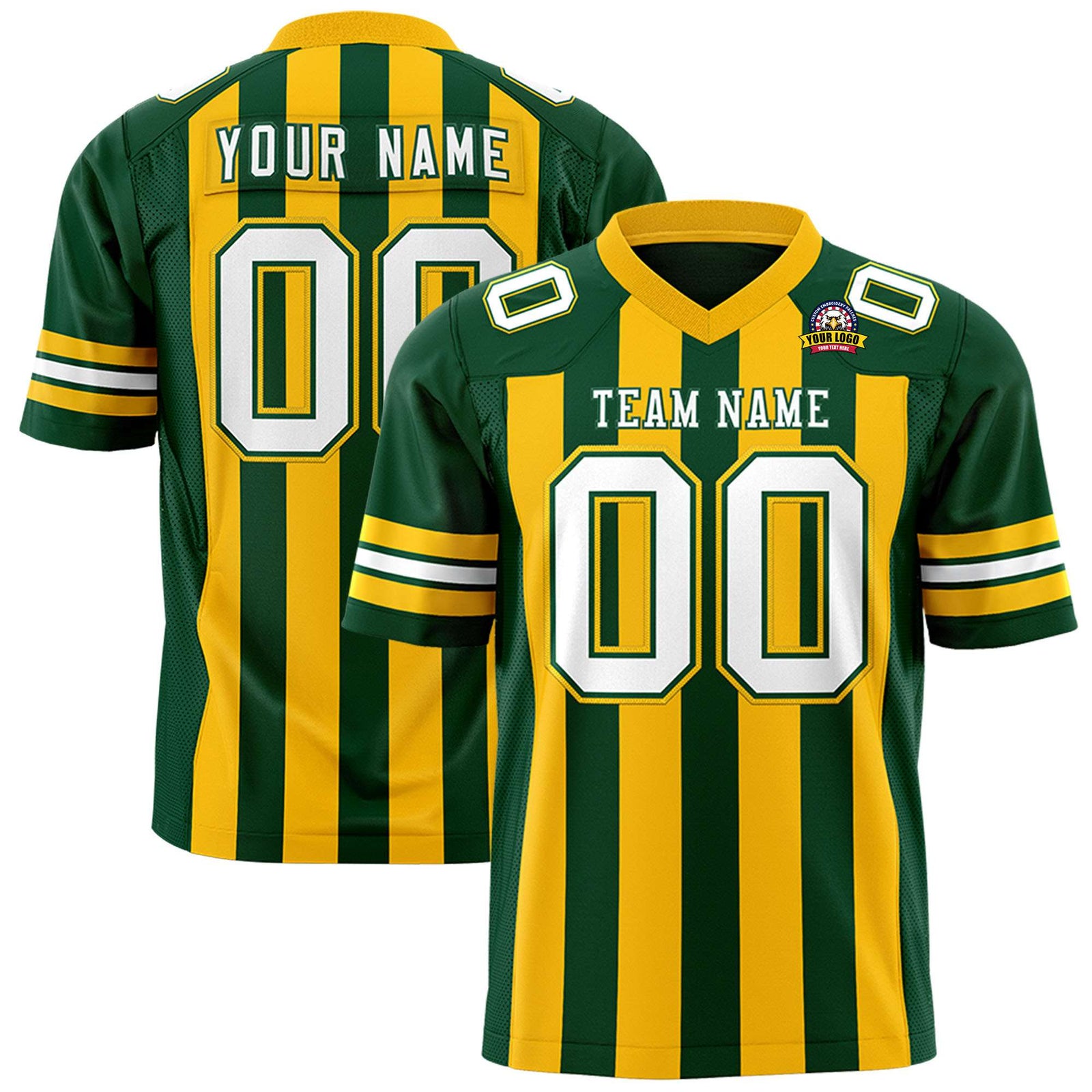 Custom Green Gold-White Mesh Stripe Football Jersey