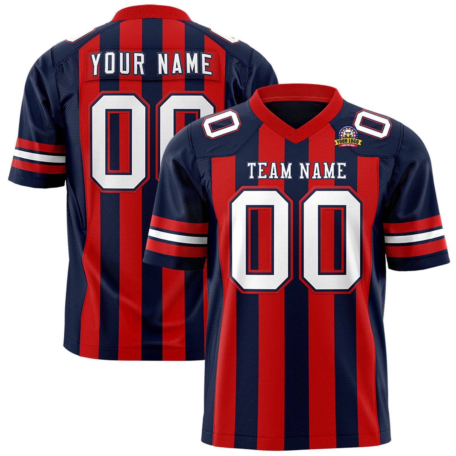 Custom Navy Red-White Mesh Stripe Football Jersey