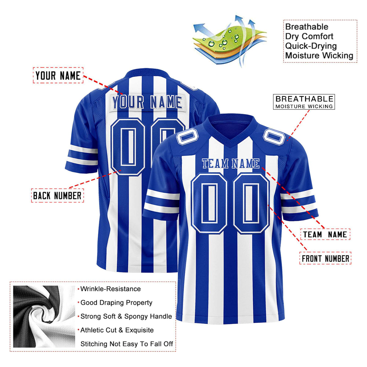 Custom Royal Blue White Mesh Stripe Football Jersey
