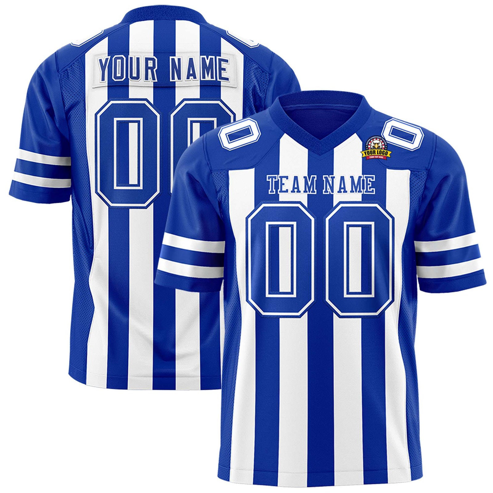 Custom Royal Blue White Mesh Stripe Football Jersey