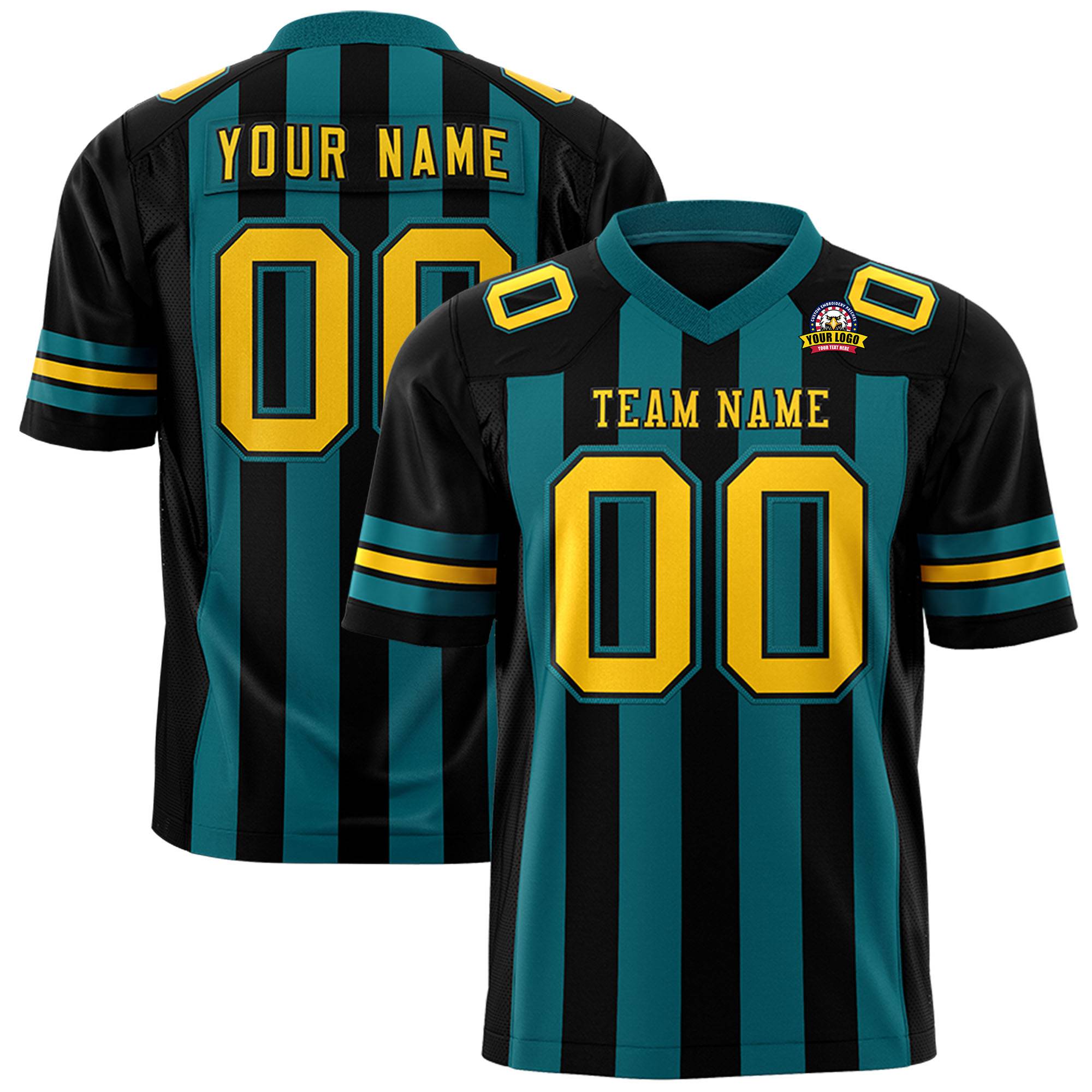 Custom Black Aqua-Yellow Mesh Stripe Football Jersey