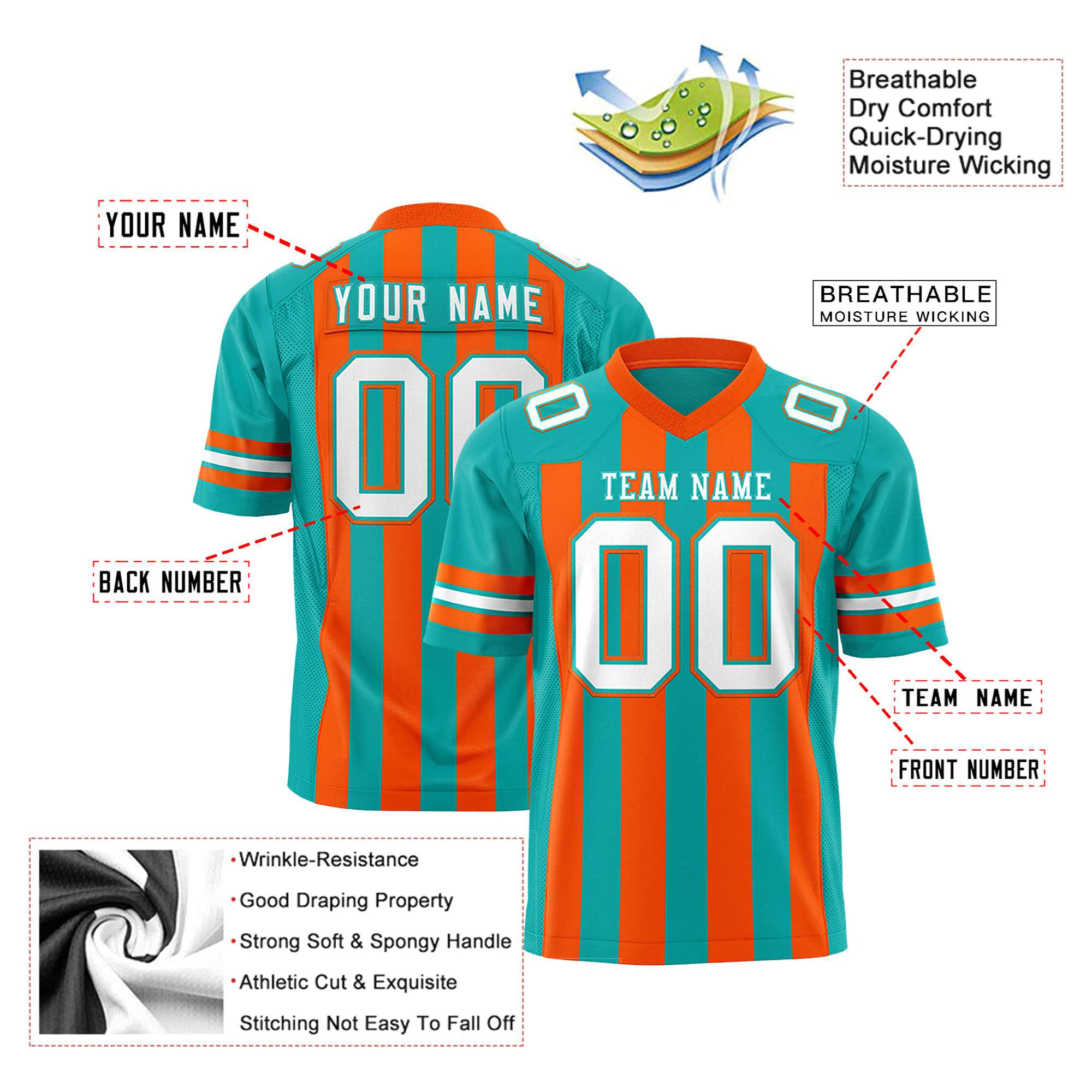 Custom Aqua Orange-White Mesh Stripe Football Jersey