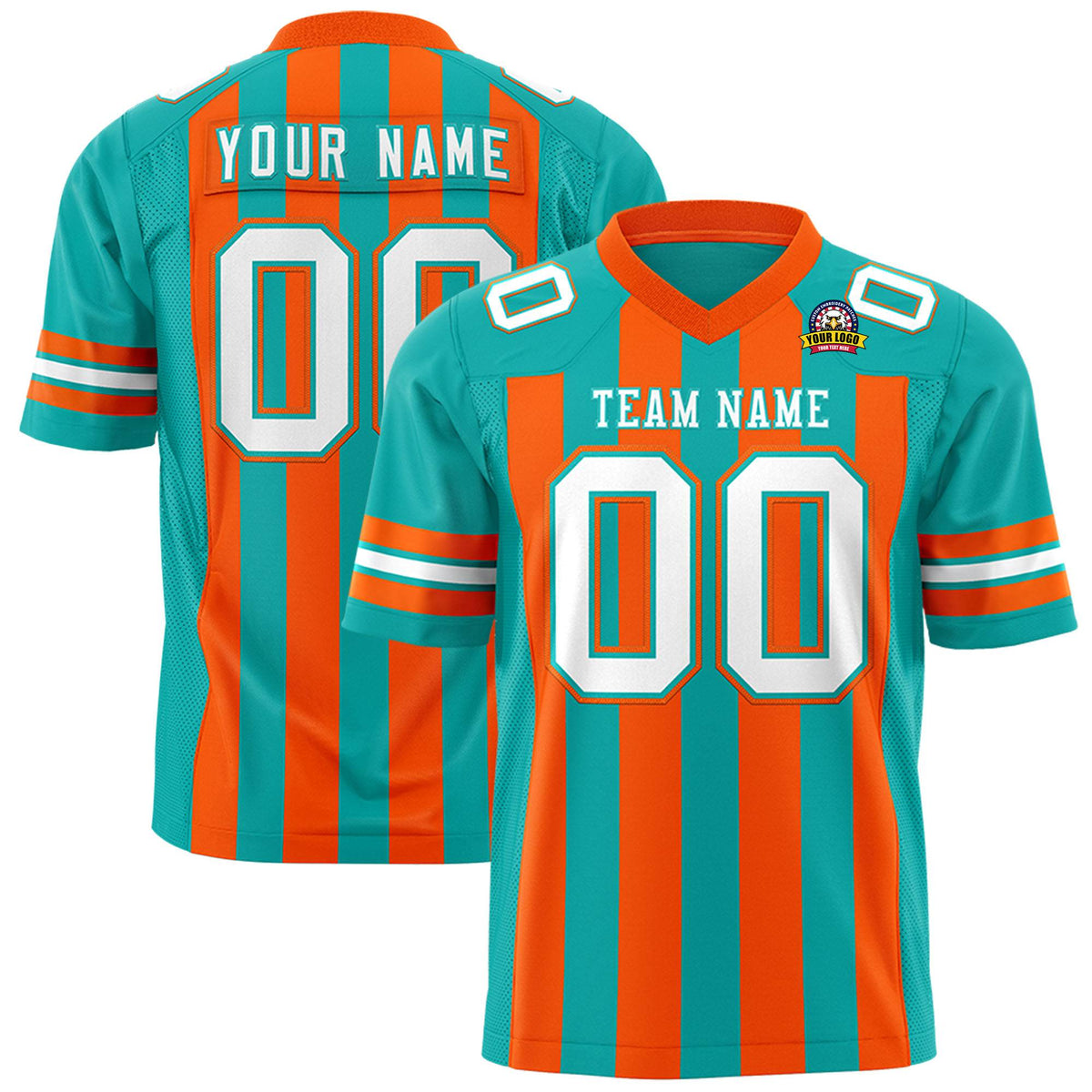 Custom Aqua Orange-White Mesh Stripe Football Jersey