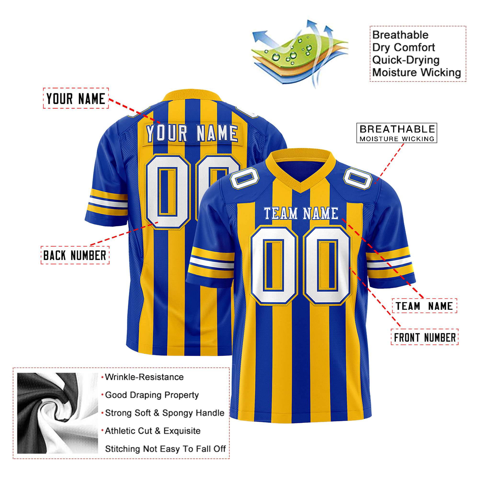 Custom Royal Blue Gold-White Mesh Stripe Football Jersey