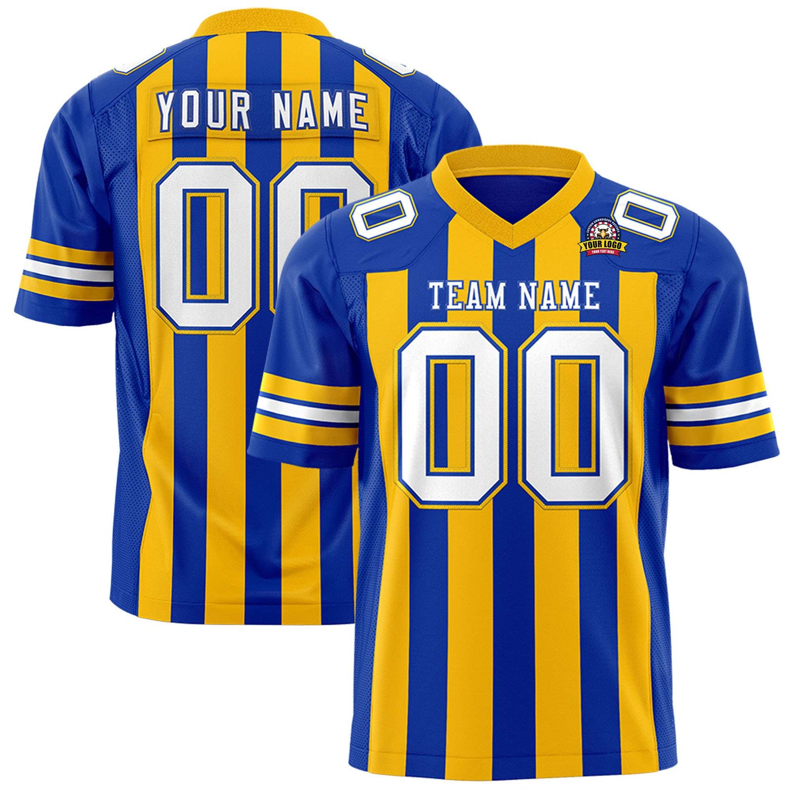 Custom Royal Blue Gold-White Mesh Stripe Football Jersey