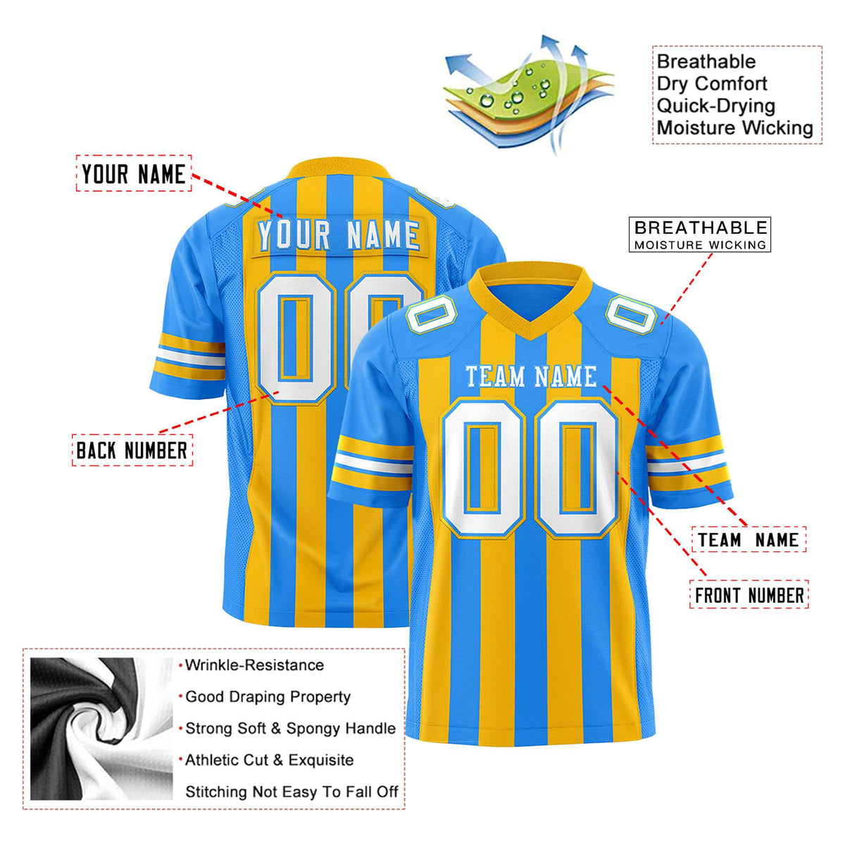 Custom Powder Blue Yellow-White Mesh Stripe Football Jersey