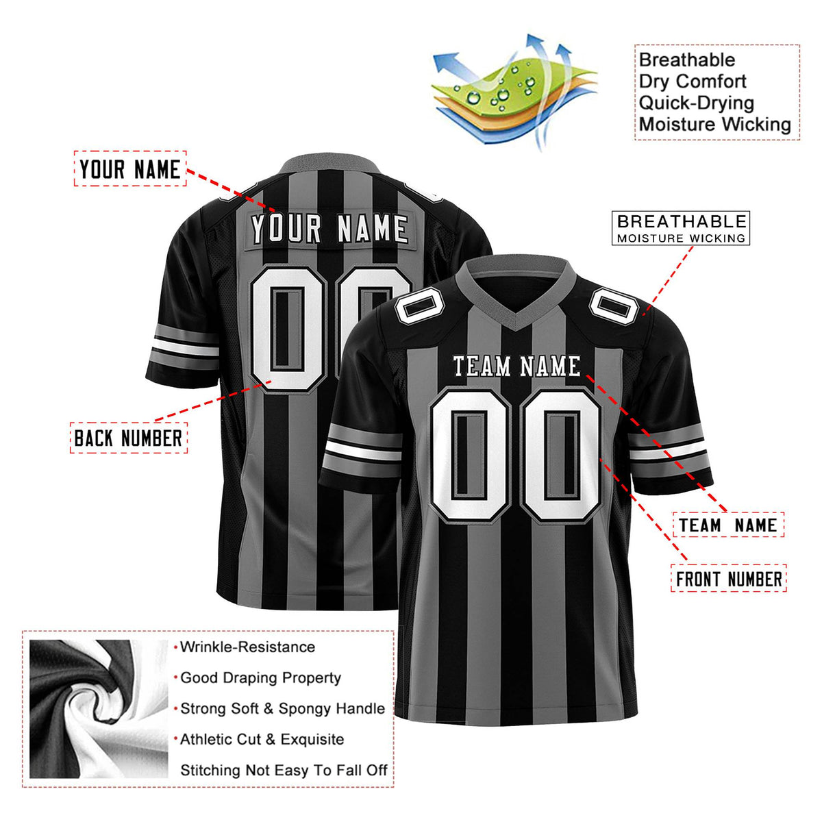Custom Black-Dark Gray-White Mesh Stripe Football Jersey