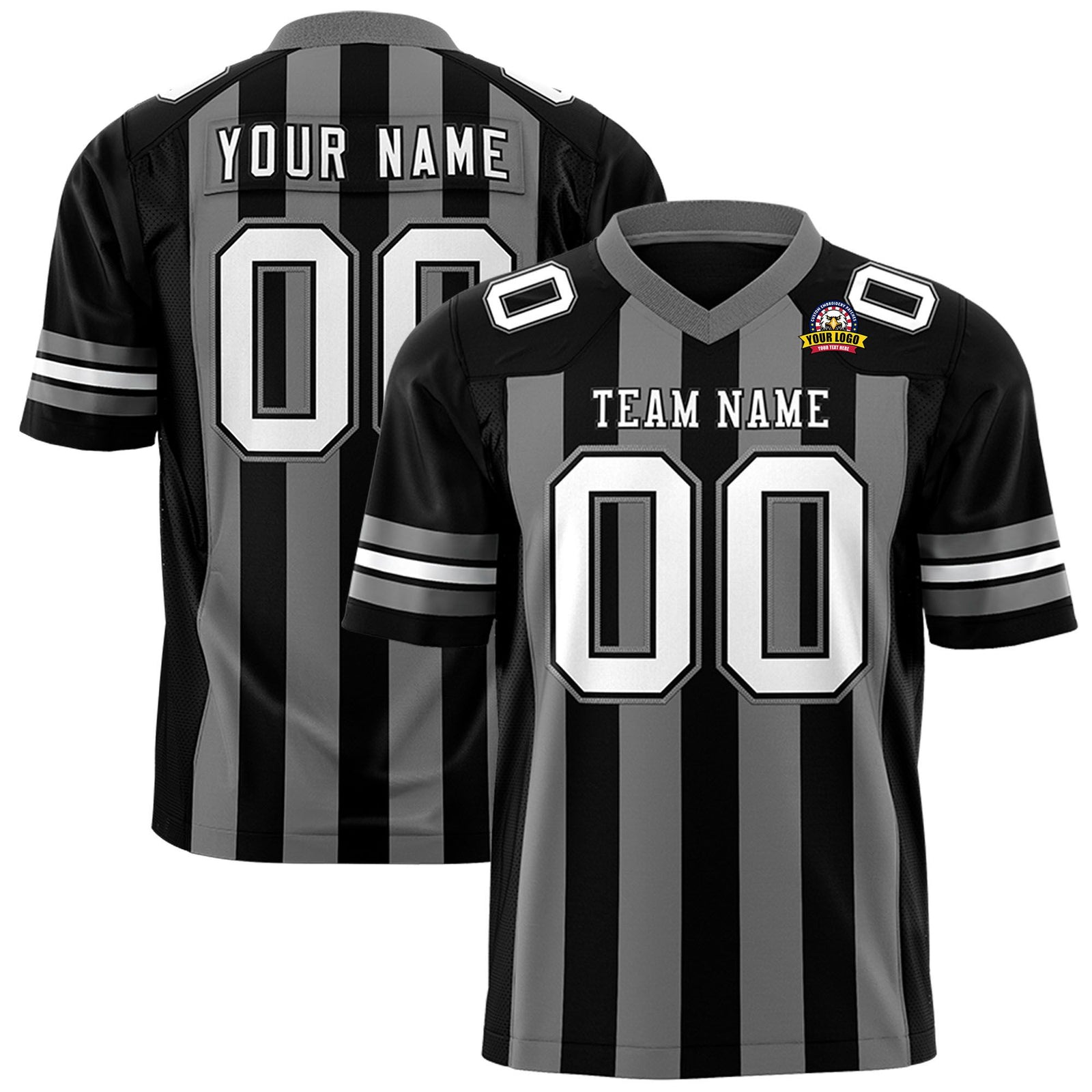 Custom Black-Dark Gray-White Mesh Stripe Football Jersey