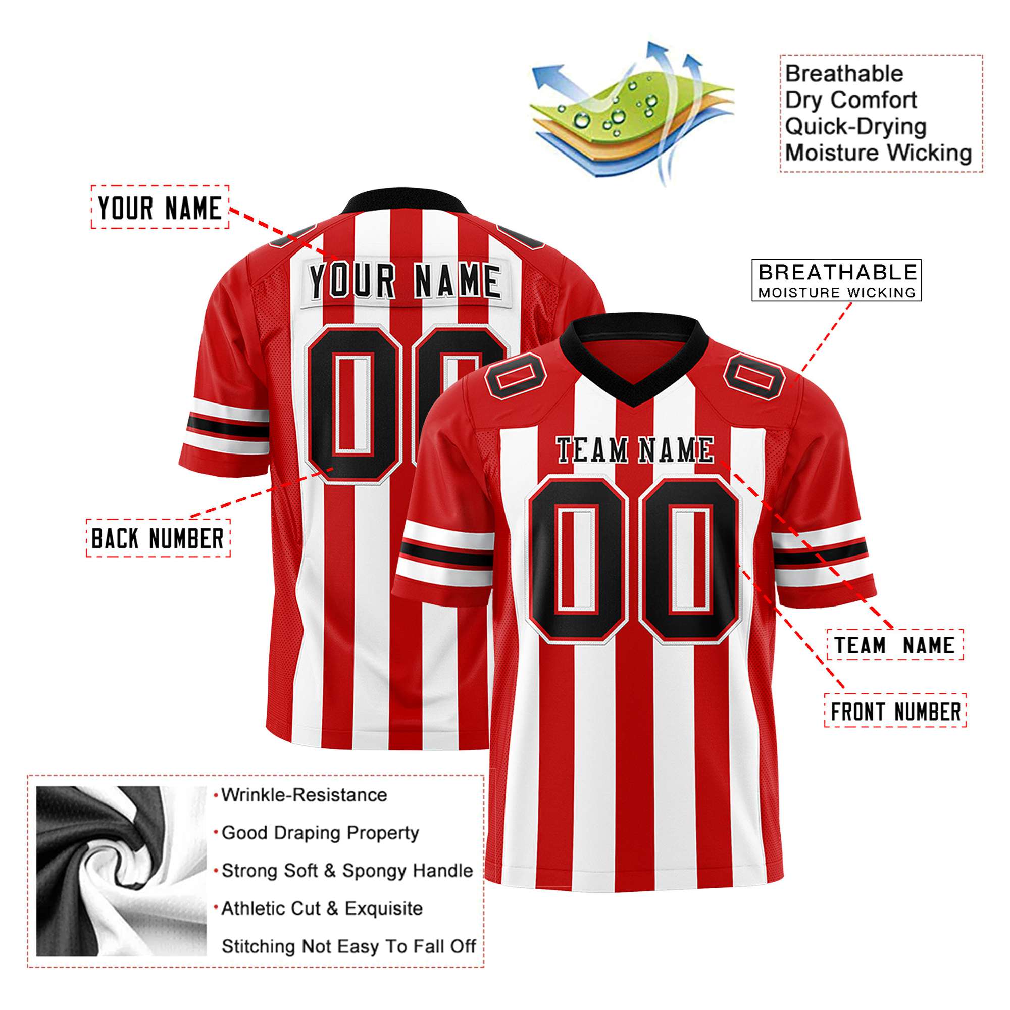 Custom Red White-Black Mesh Stripe Football Jersey