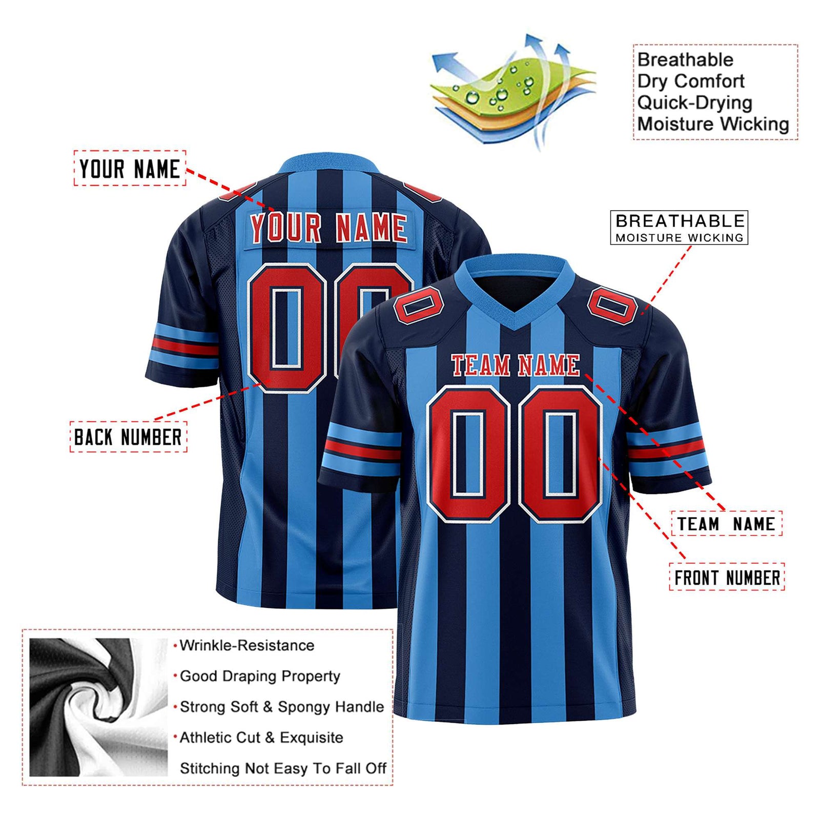 Custom Navy Powder Blue-Red Mesh Stripe Football Jersey