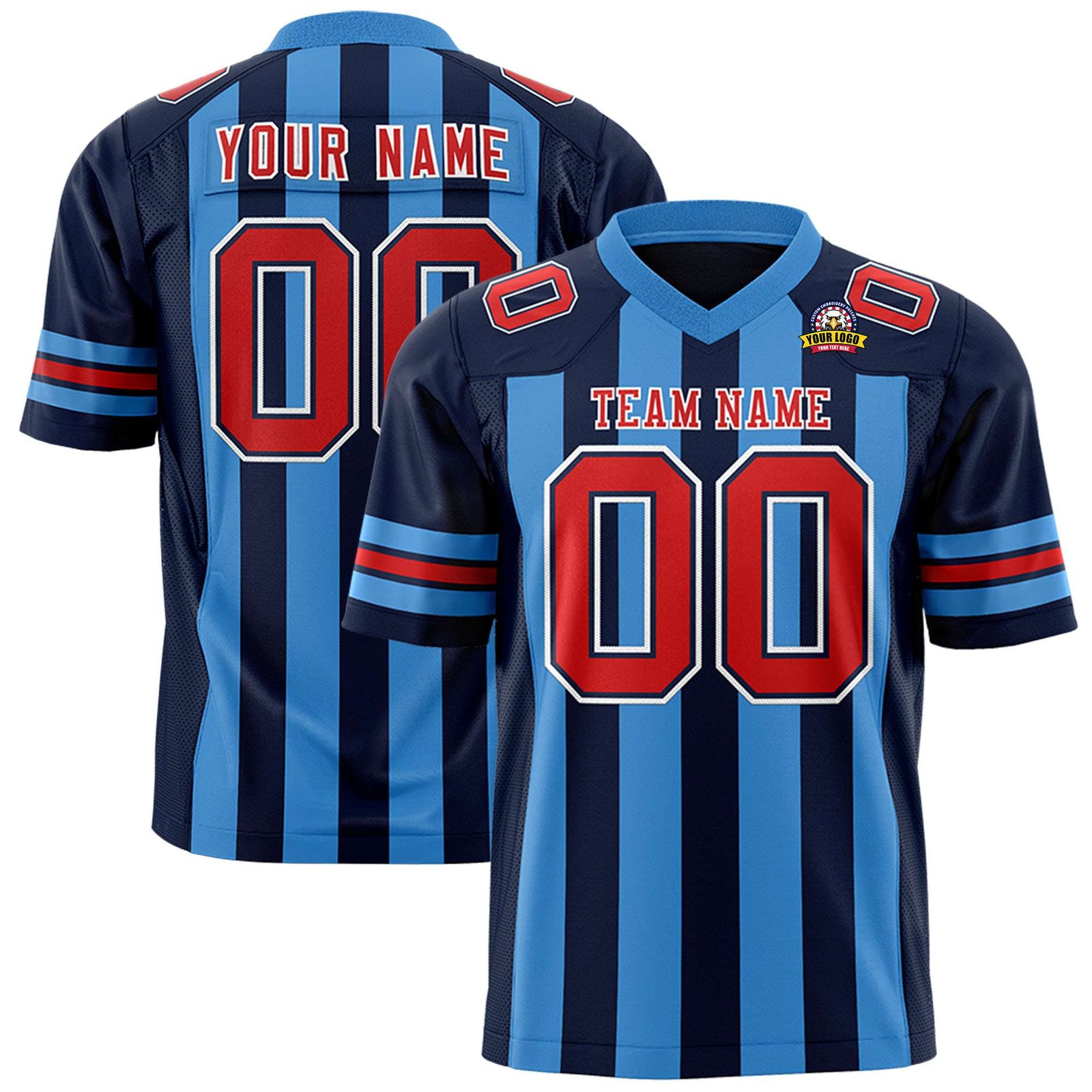 Custom Navy Powder Blue-Red Mesh Stripe Football Jersey