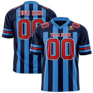Custom Navy Powder Blue-Red Mesh Stripe Football Jersey