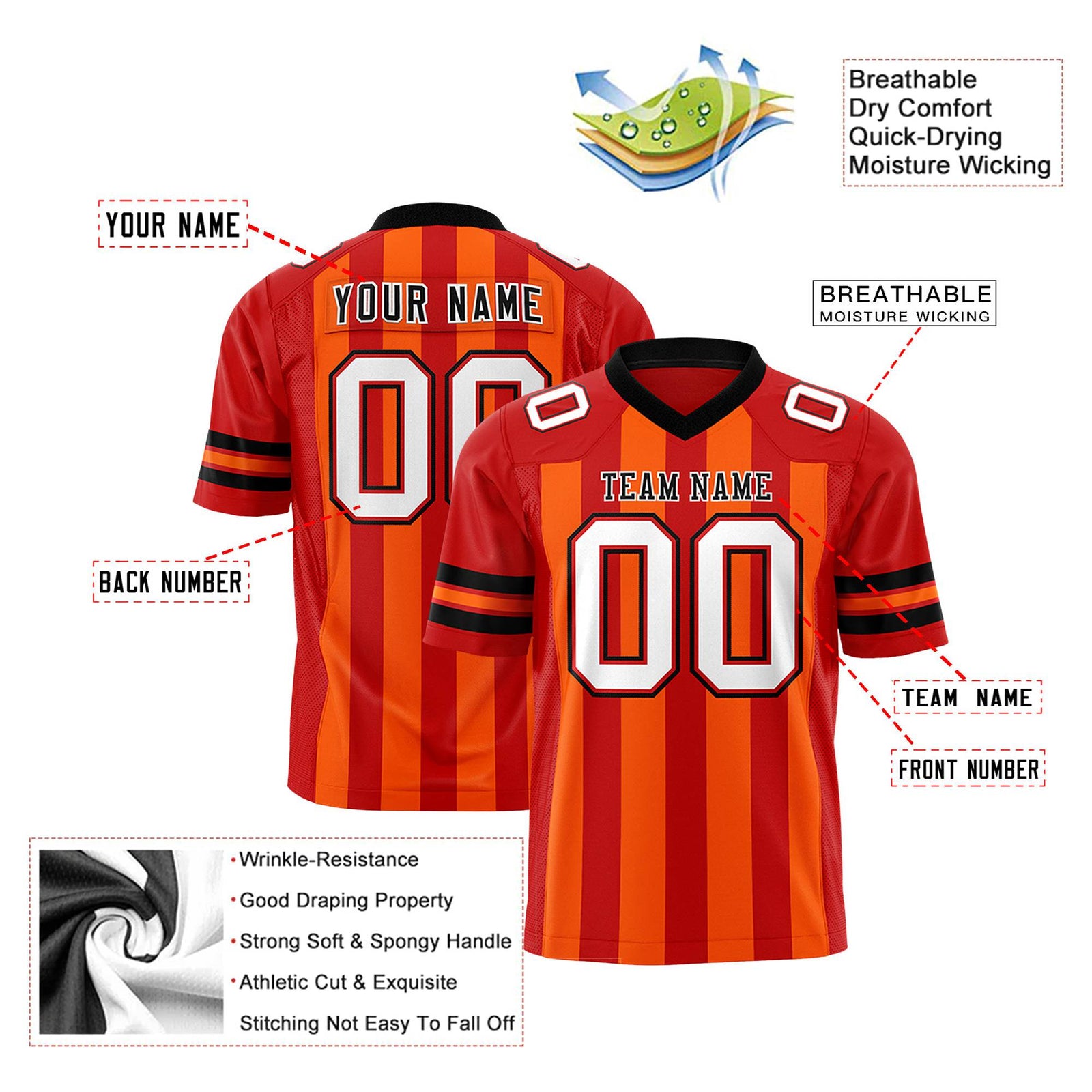 Custom Red Orange-White Mesh Stripe Football Jersey
