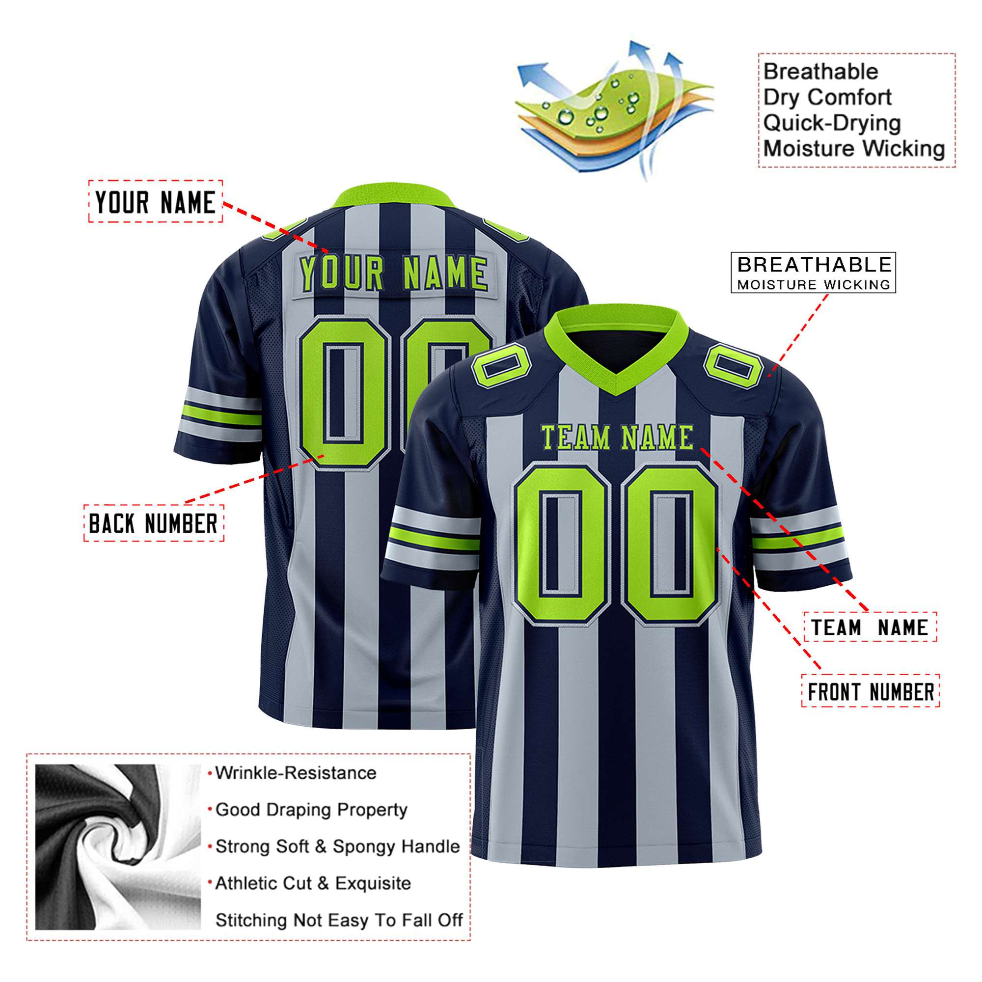 Custom Navy Gray-Neon Green Mesh Stripe Football Jersey