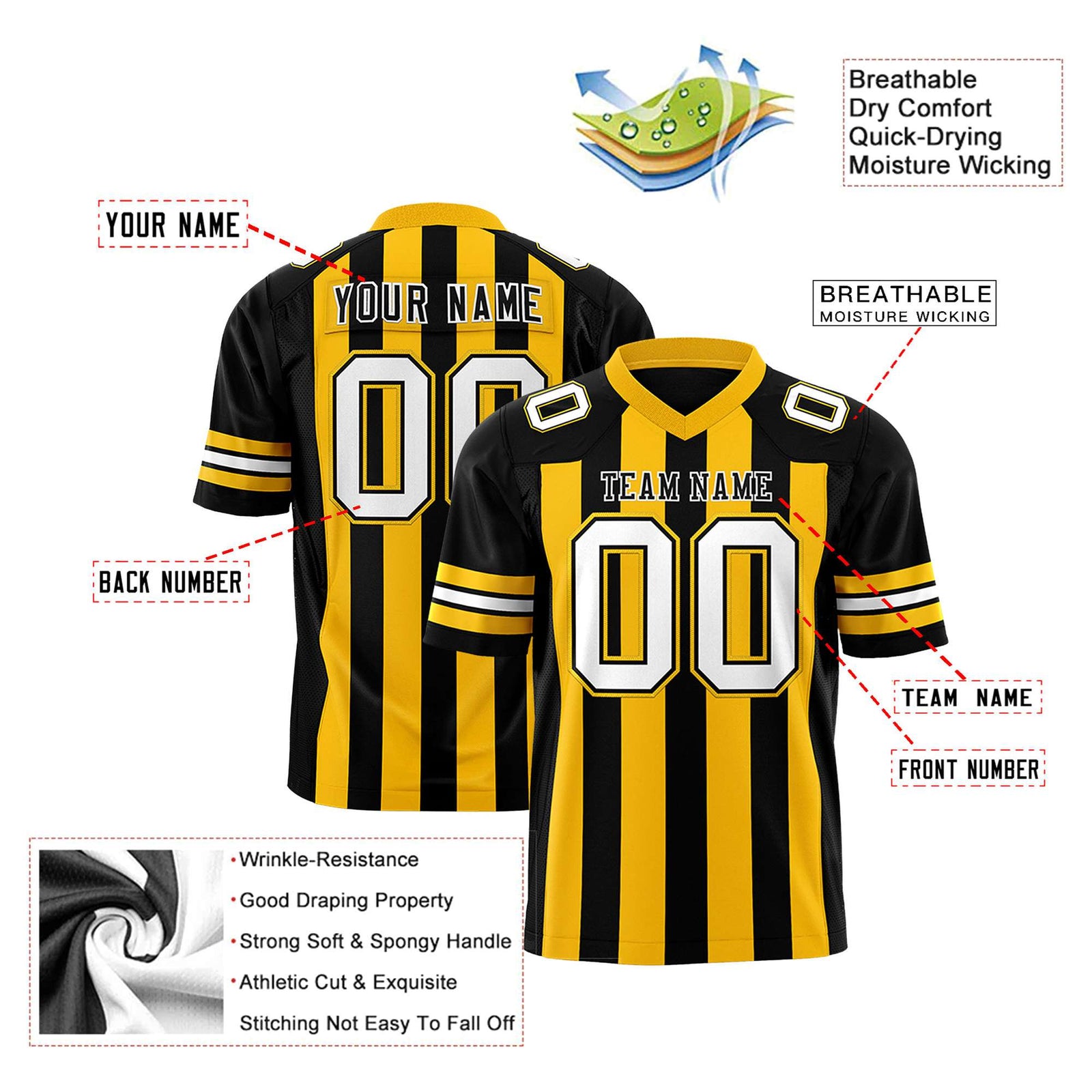 Custom Black Yellow-White Mesh Stripe Football Jersey