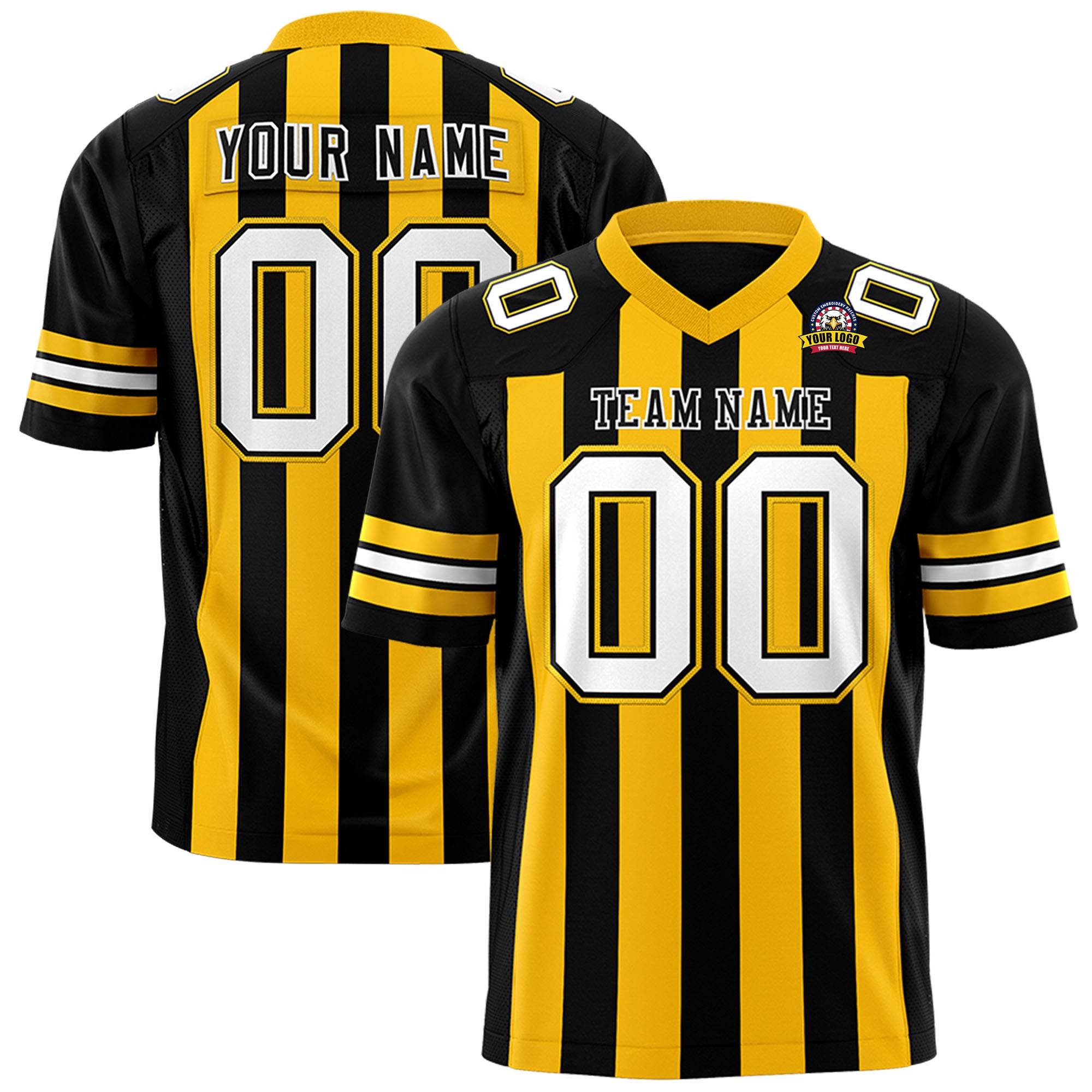 Custom Black Yellow-White Mesh Stripe Football Jersey