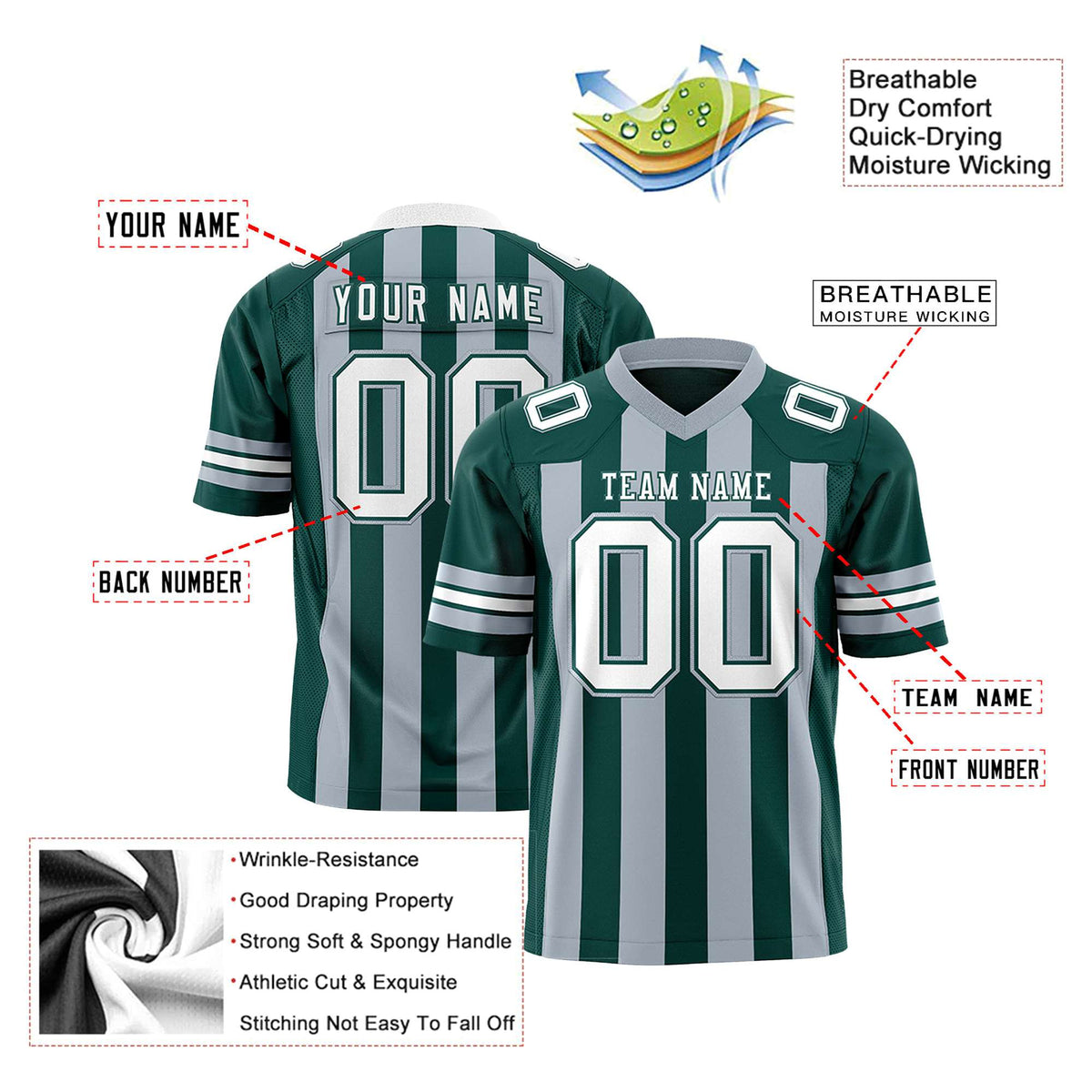 Custom Midnight Green Gray-White Mesh Stripe Football Jersey