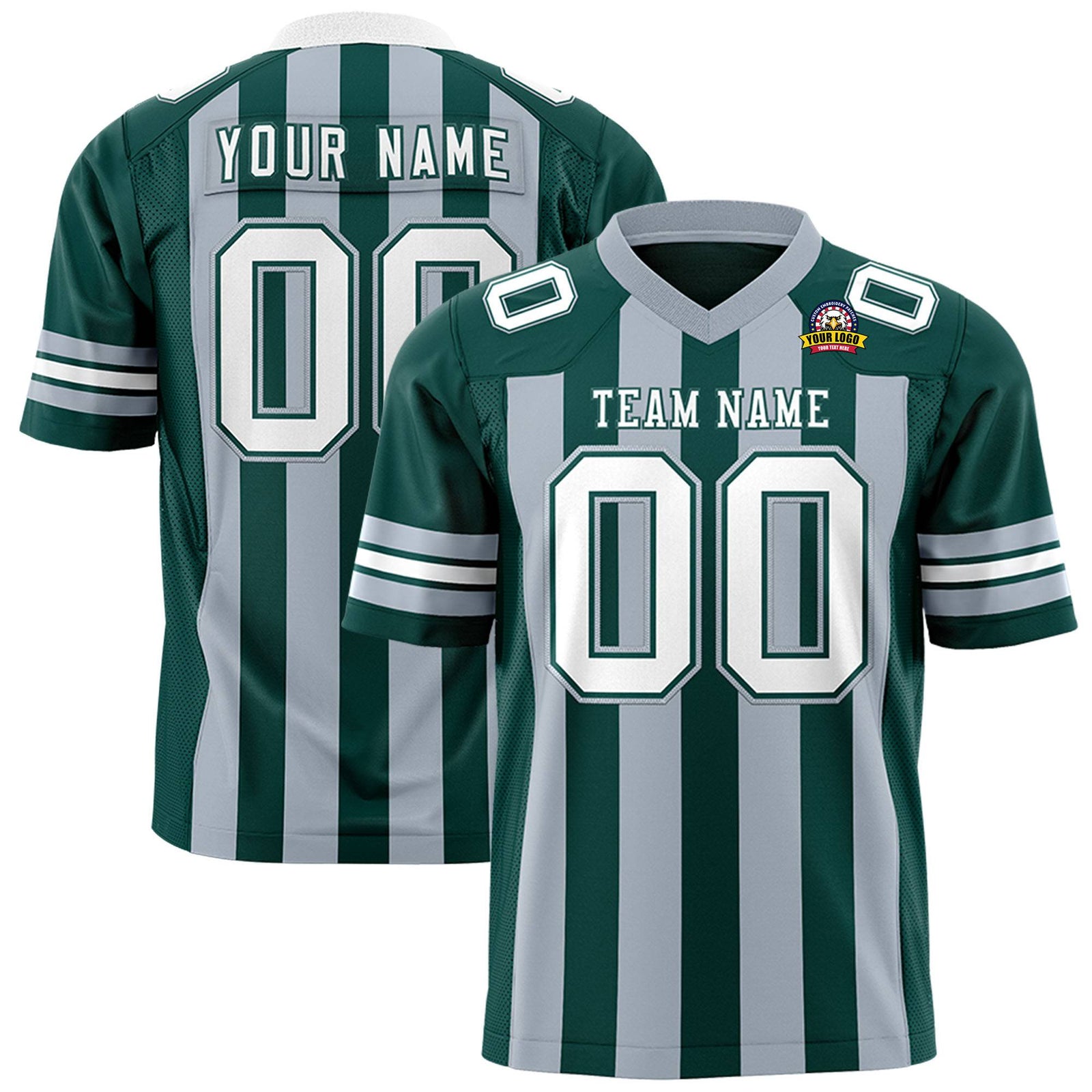 Custom Midnight Green Gray-White Mesh Stripe Football Jersey