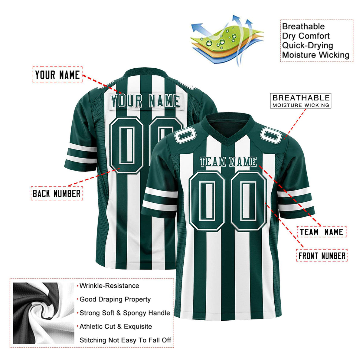 Custom Midnight Green-White Mesh Stripe Football Jersey