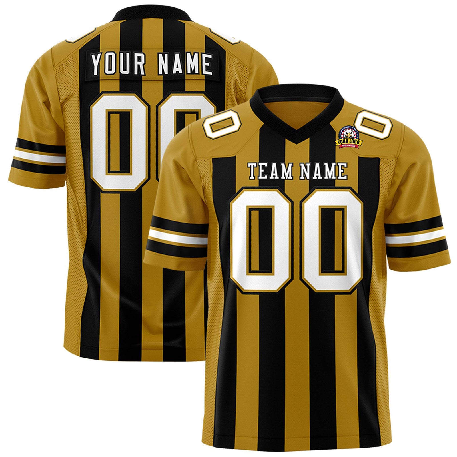 Custom Gold Black-White Mesh Stripe Football Jersey