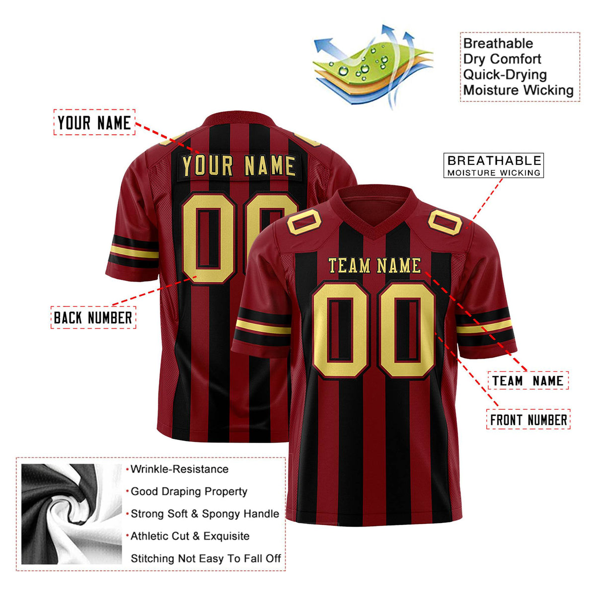 Custom Crimson Black-Old Gold Mesh Stripe Football Jersey