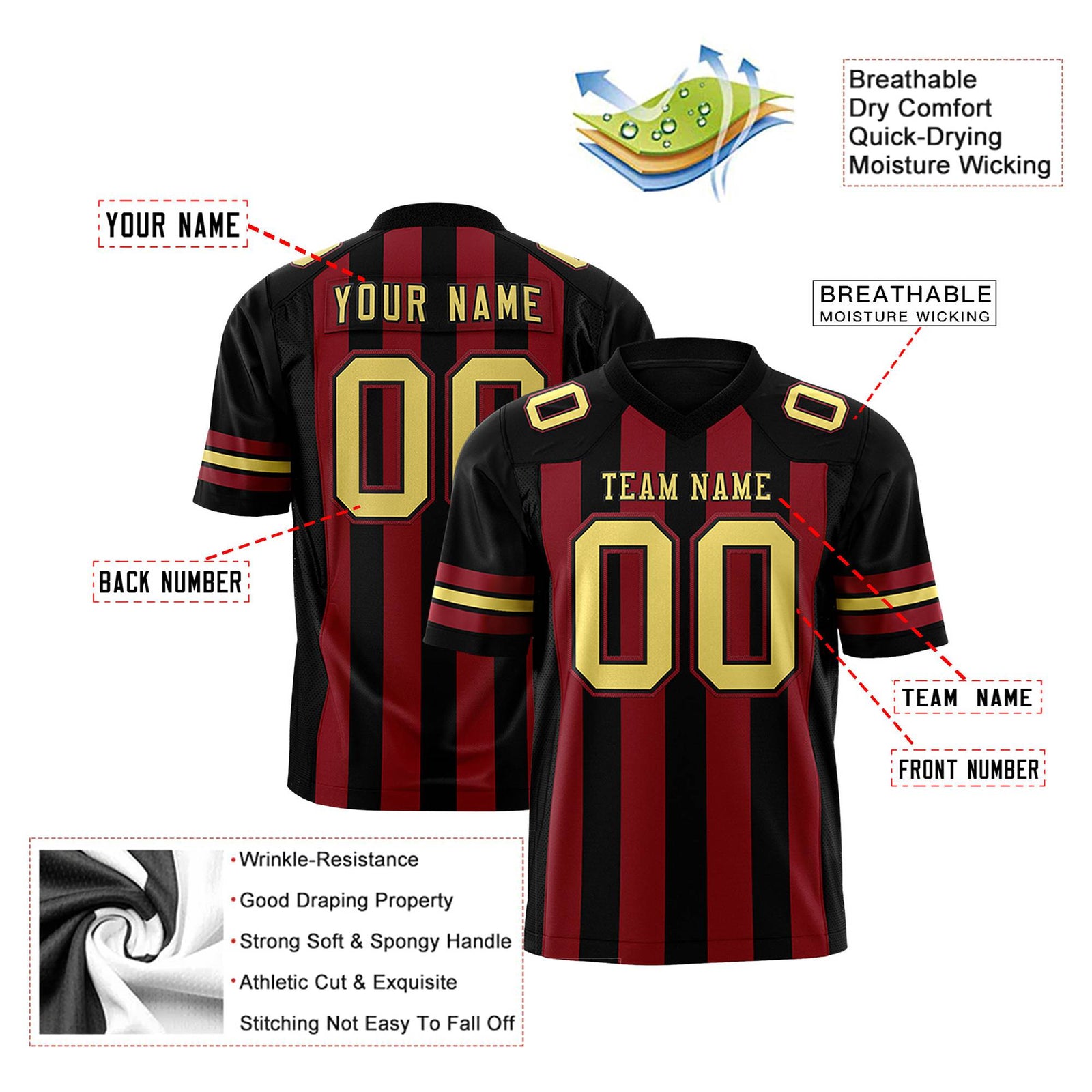 Custom Black Crimson-Old Gold Mesh Stripe Football Jersey