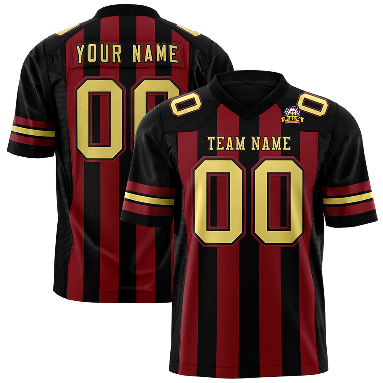 Custom Black Crimson-Old Gold Mesh Stripe Football Jersey