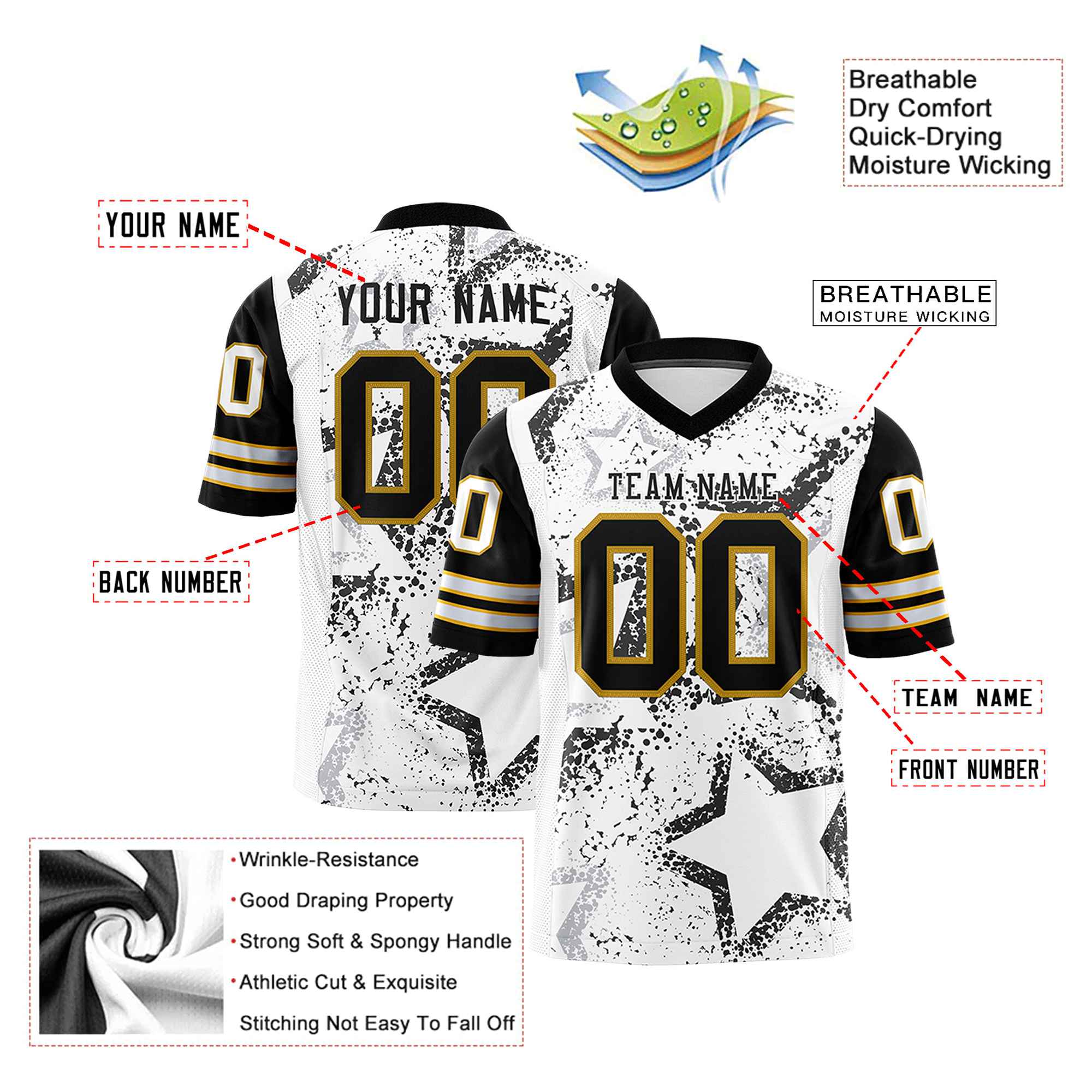 Custom White Black Old-Gold Mesh Star Football Jersey