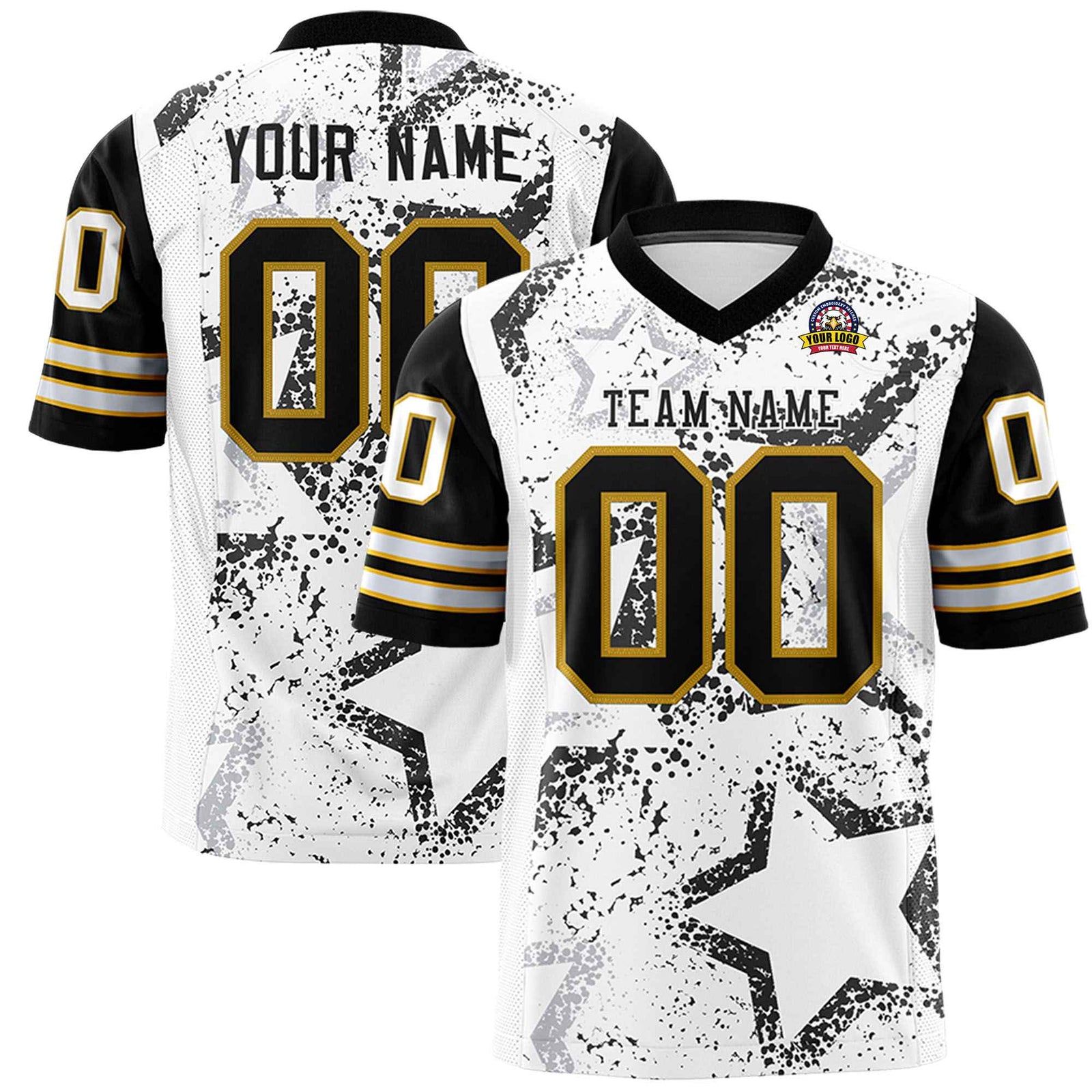 Custom White Black Old-Gold Mesh Star Football Jersey