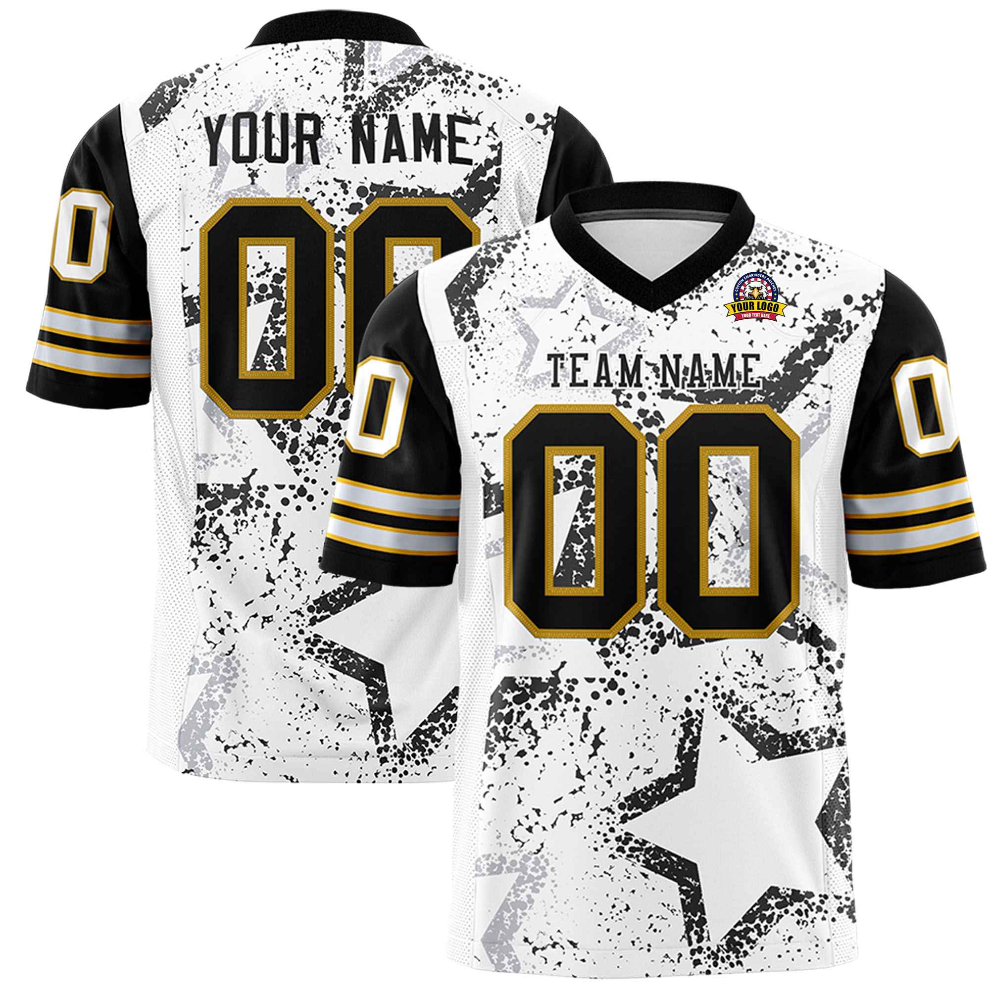 Custom White Black Old-Gold Mesh Star Football Jersey