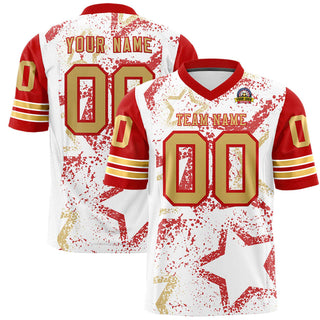 Camiseta de fútbol personalizada de malla blanca, dorada y roja con estrellas