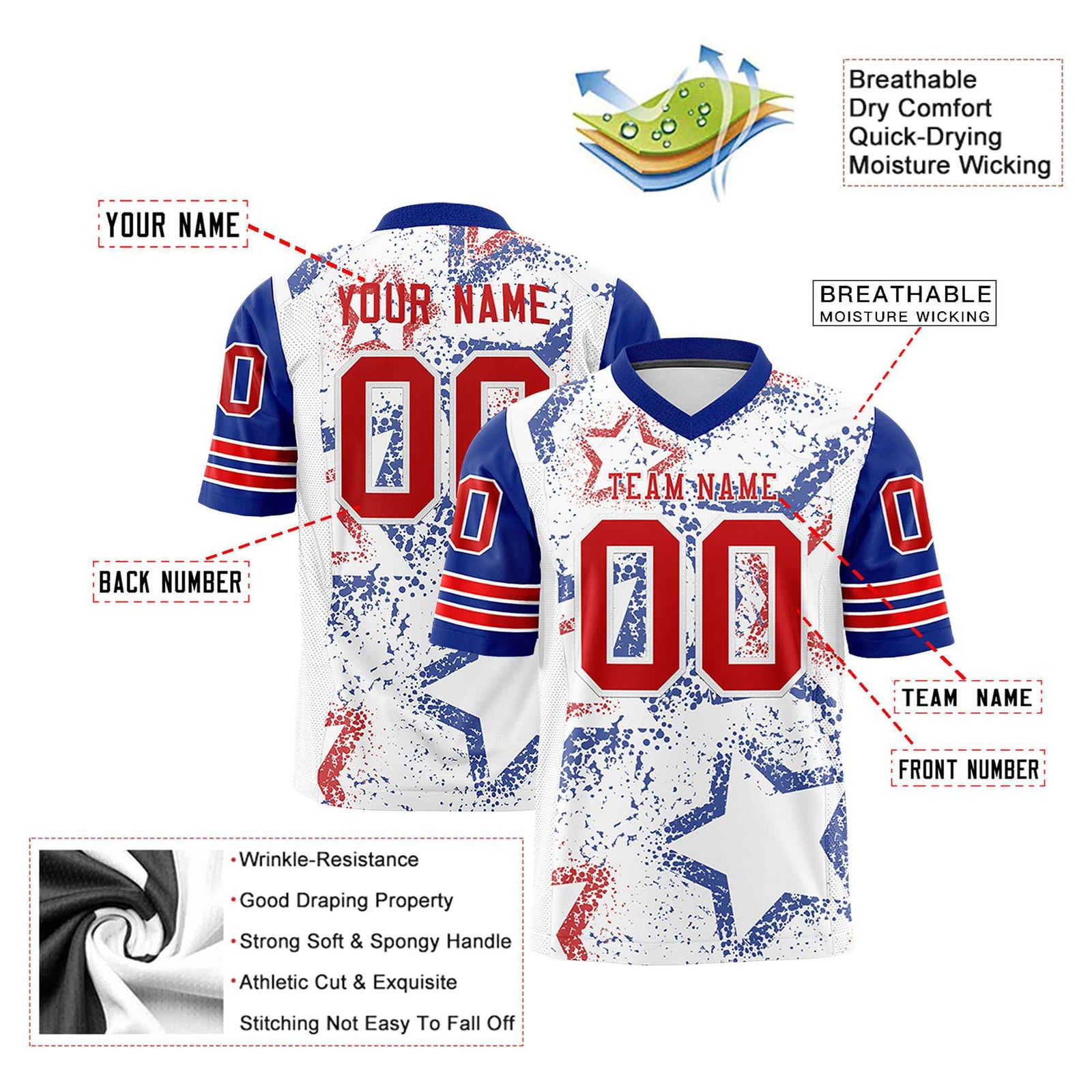 Custom White Royal-Red Blue Mesh Star Football Jersey