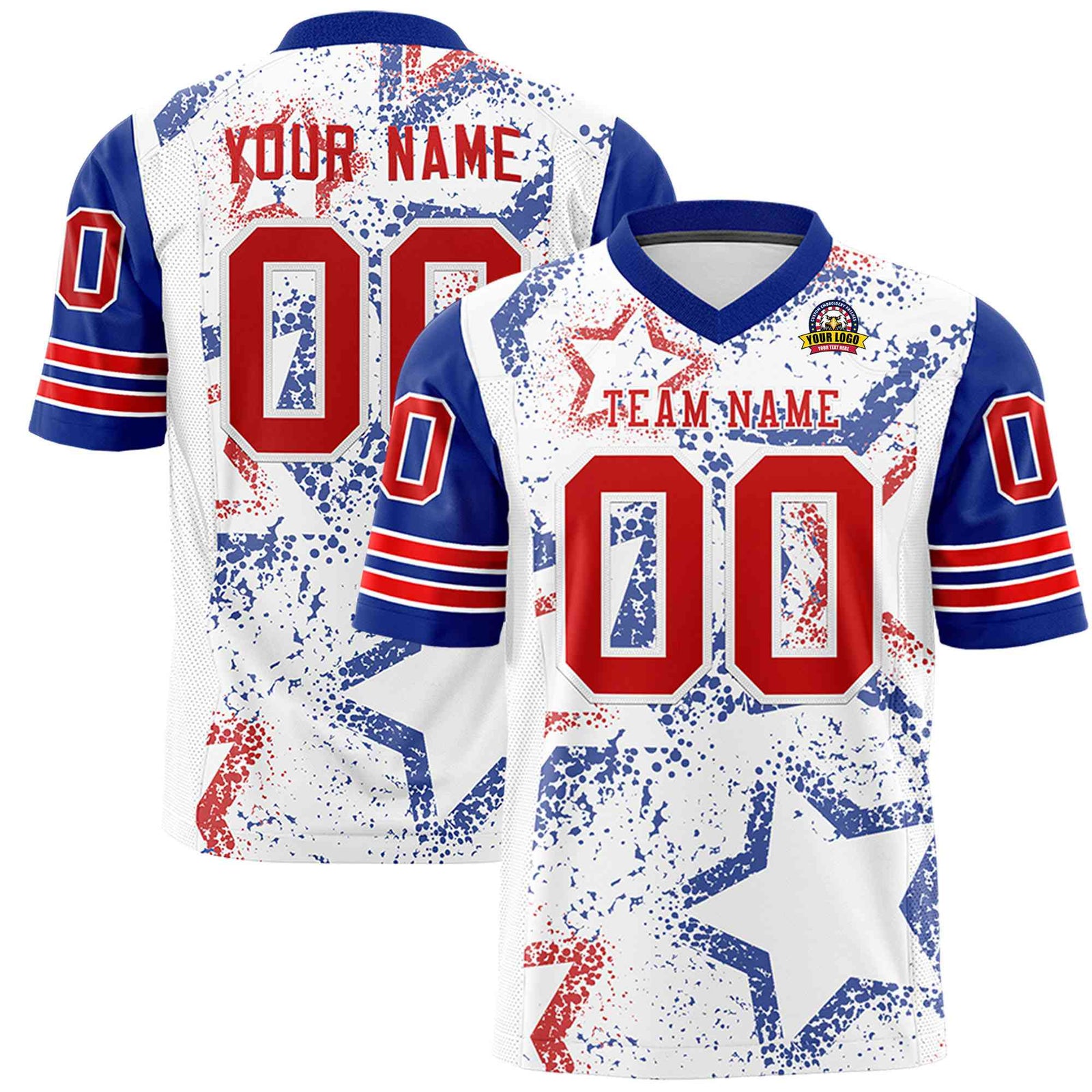 Custom White Royal-Red Blue Mesh Star Football Jersey
