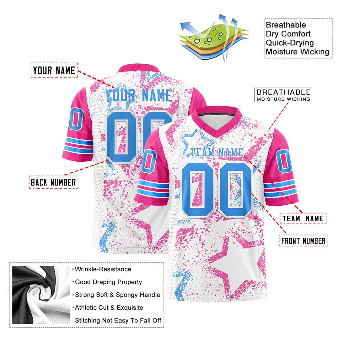 Custom White Light-Blue Pink Mesh Star Football Jersey