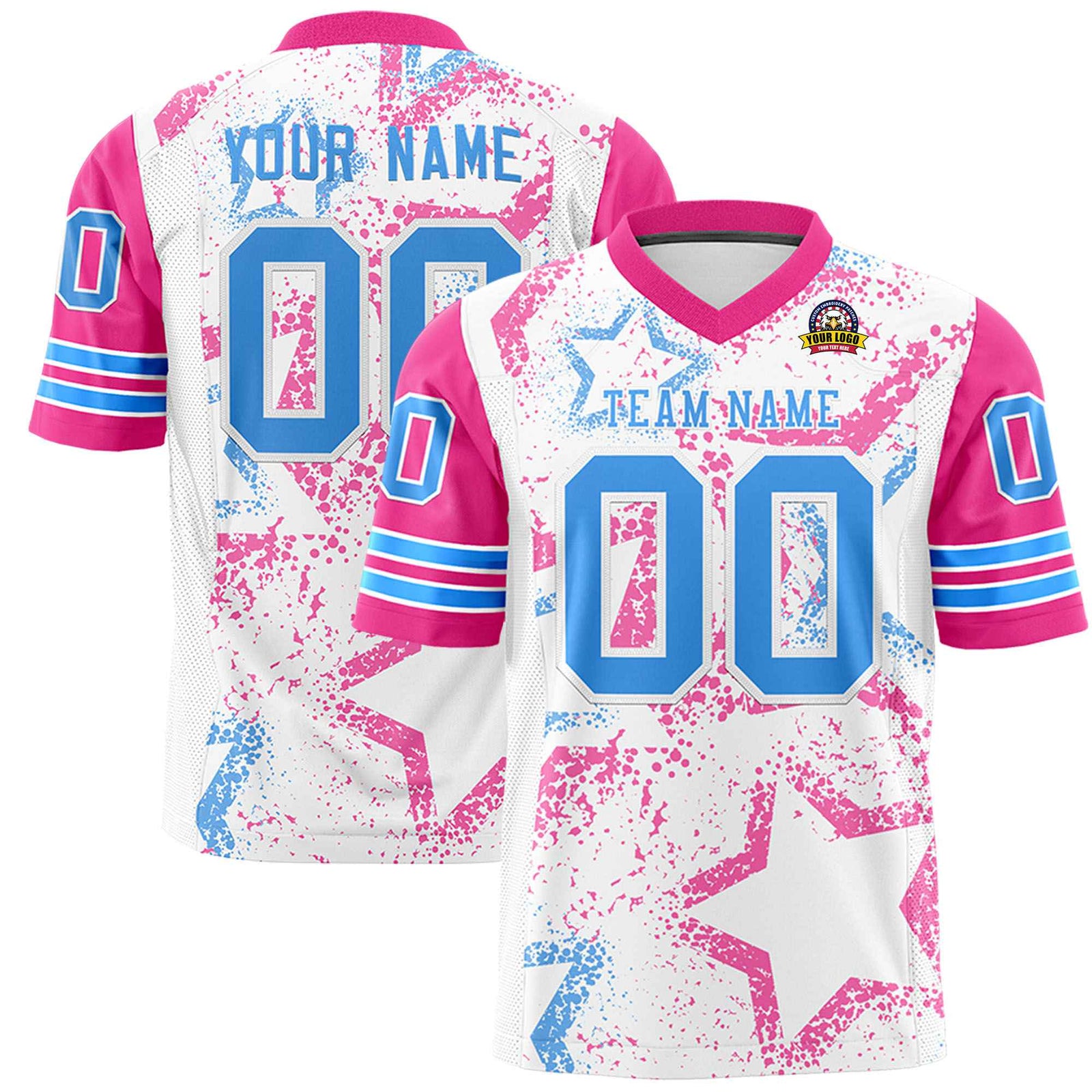 Custom White Light-Blue Pink Mesh Star Football Jersey