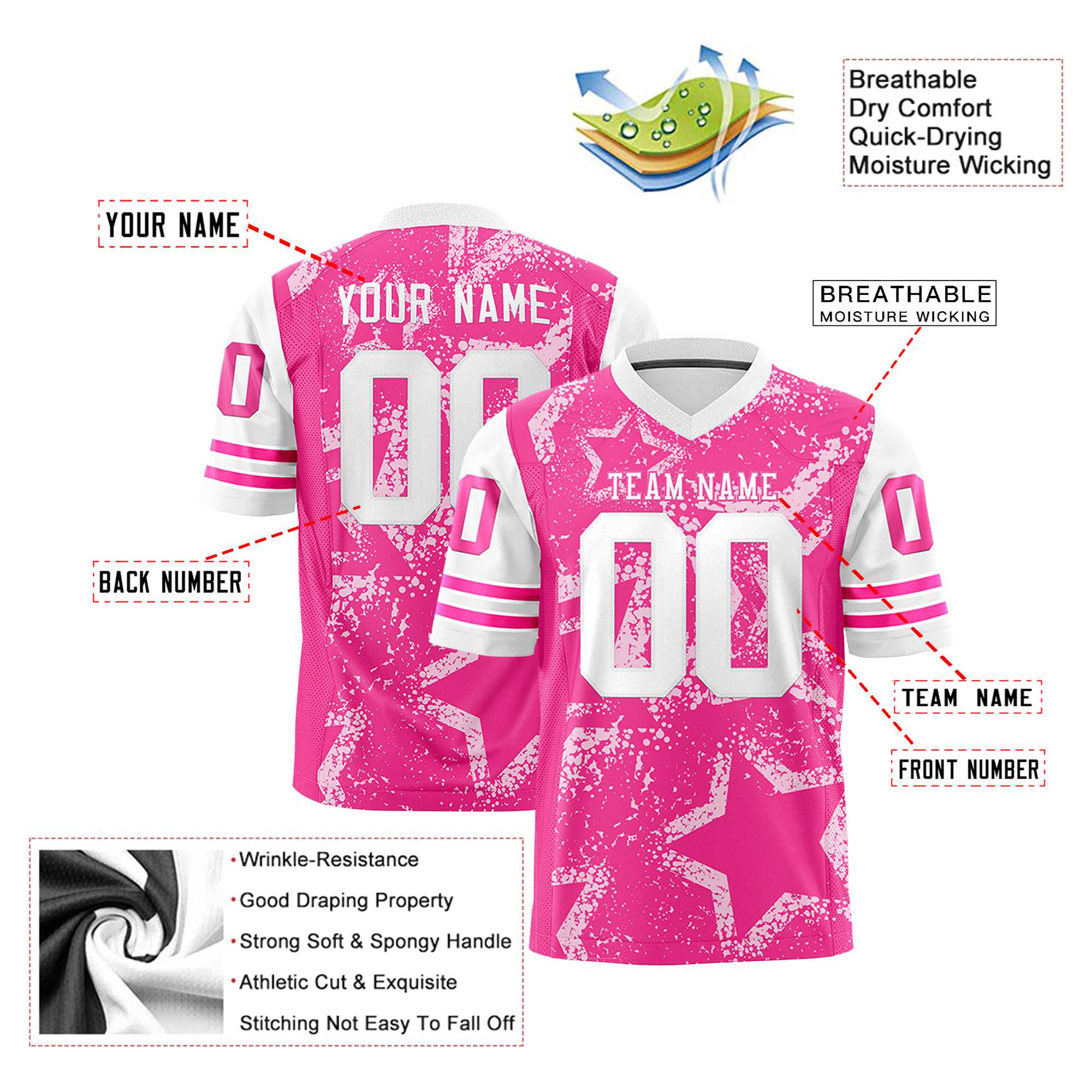 Custom Pink White Mesh Star Football Jersey