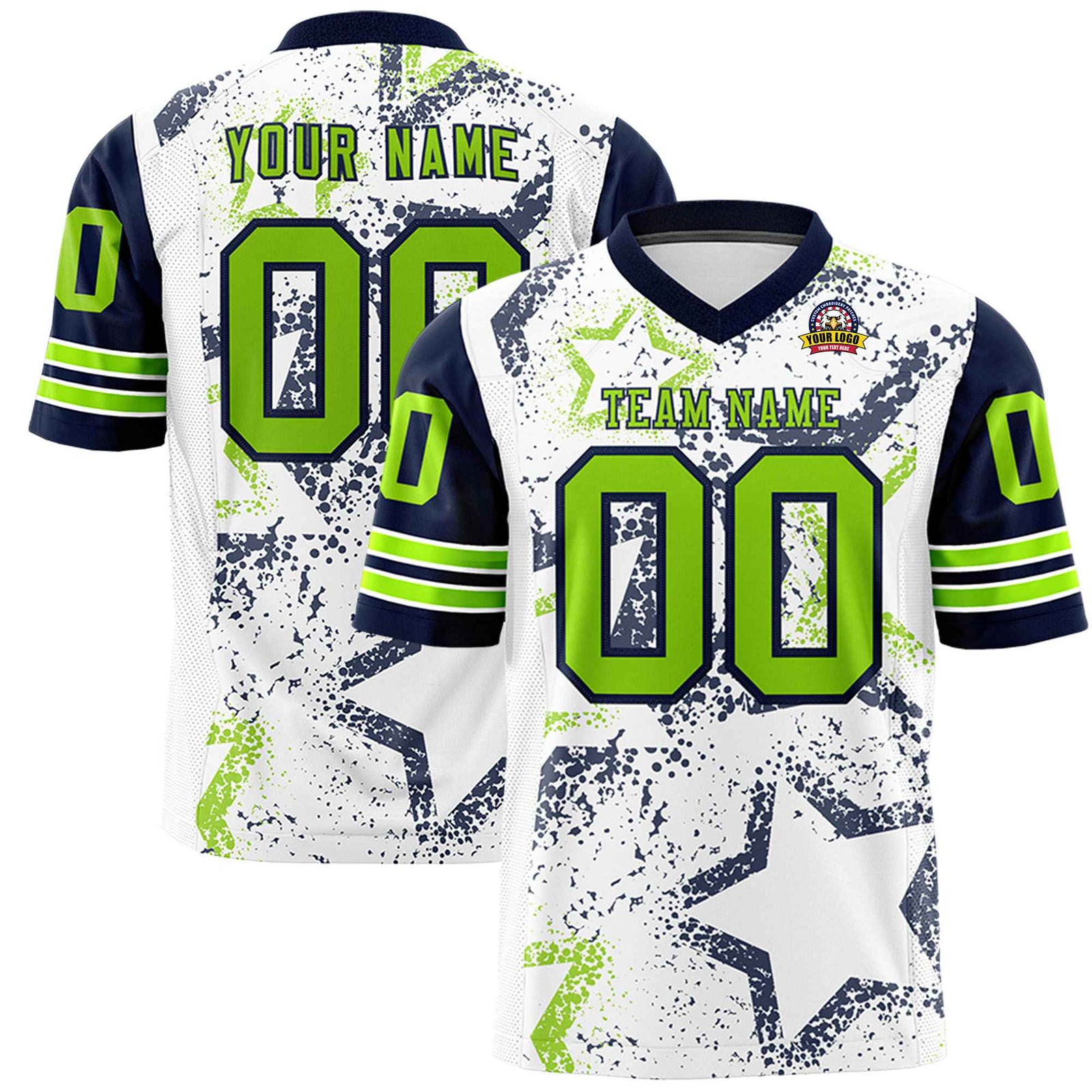 Custom White Neon-Green Navy Mesh Star Football Jersey