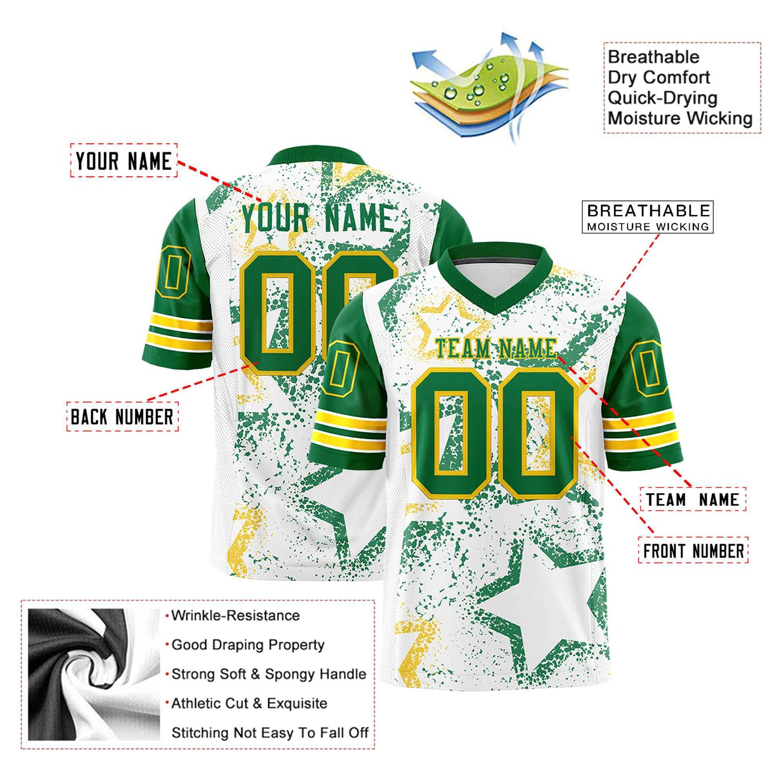 Custom White Neon-Green Gold Mesh Star Football Jersey